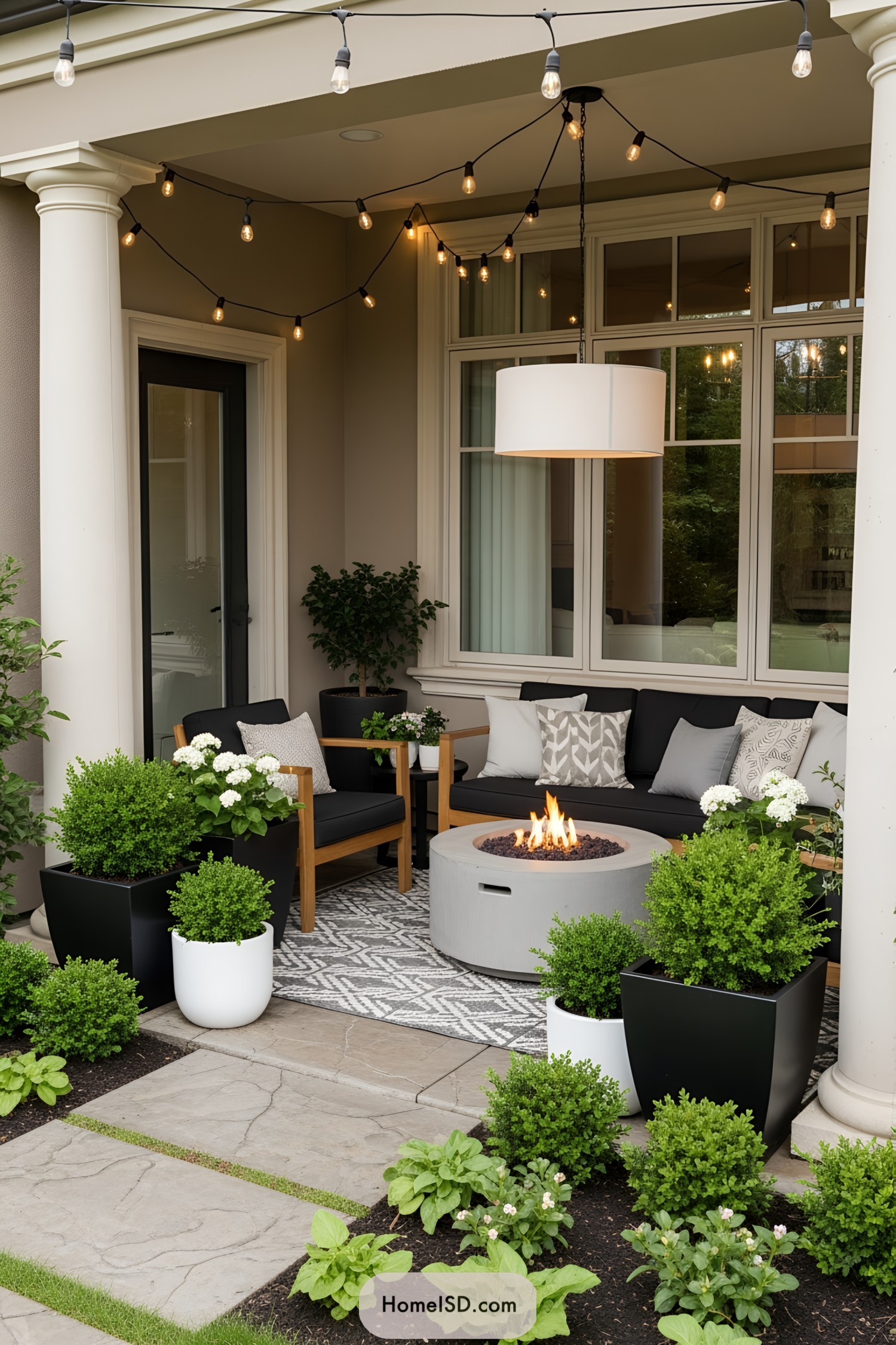 Cozy patio setup with string lights and a fire pit
