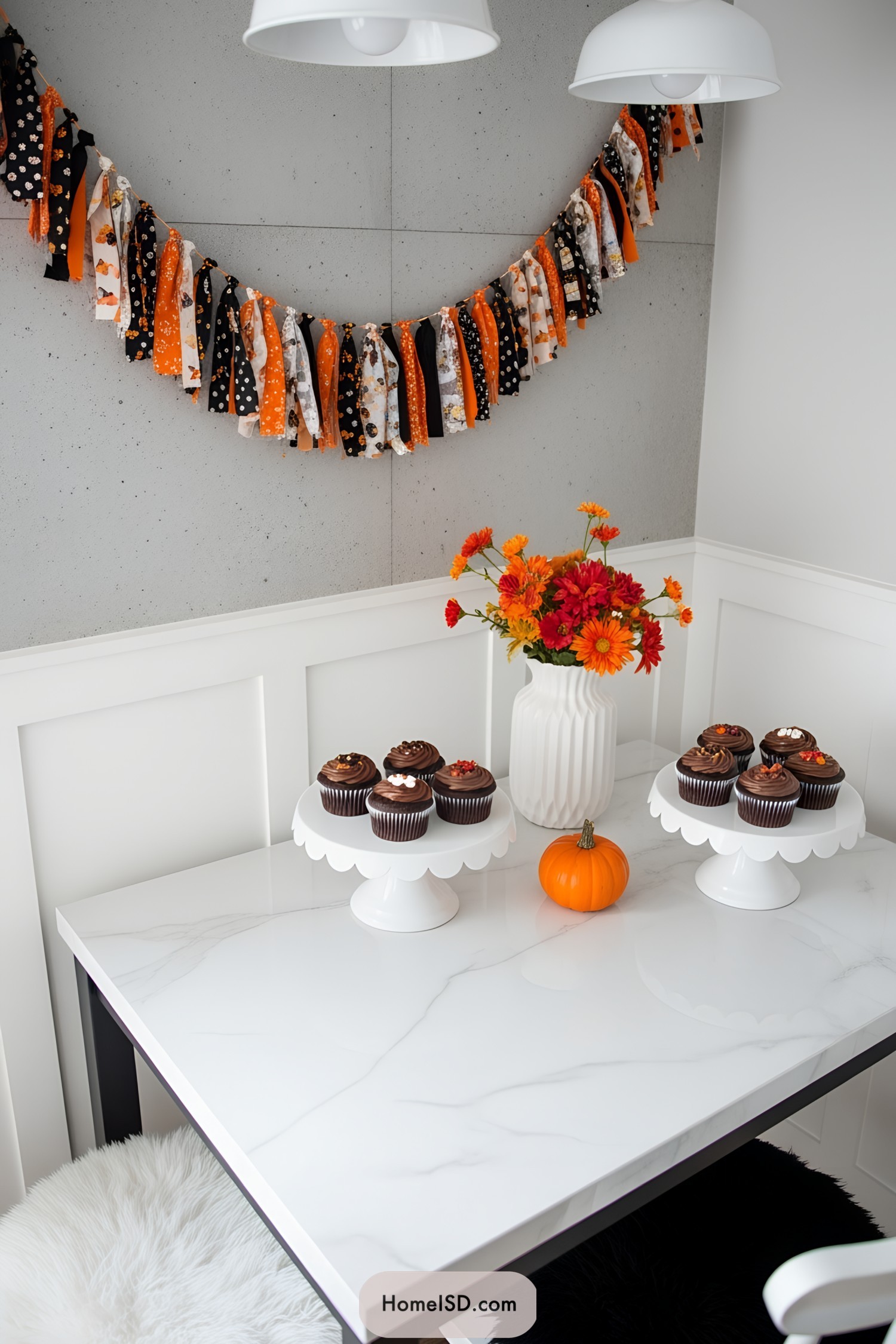 Colorful fabric garland with cupcakes on a white table