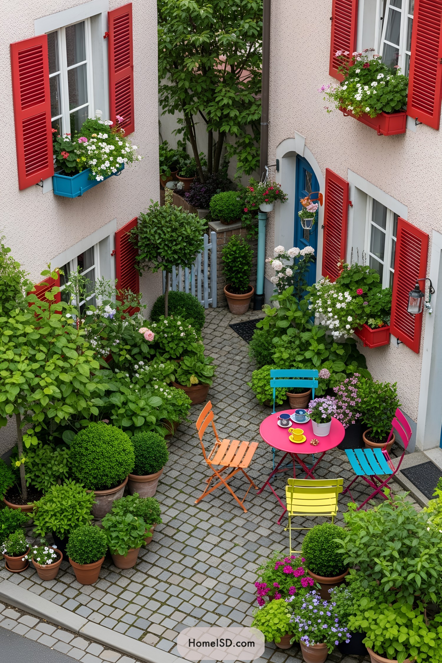 Vibrant outdoor setup with colorful chairs and flower pots