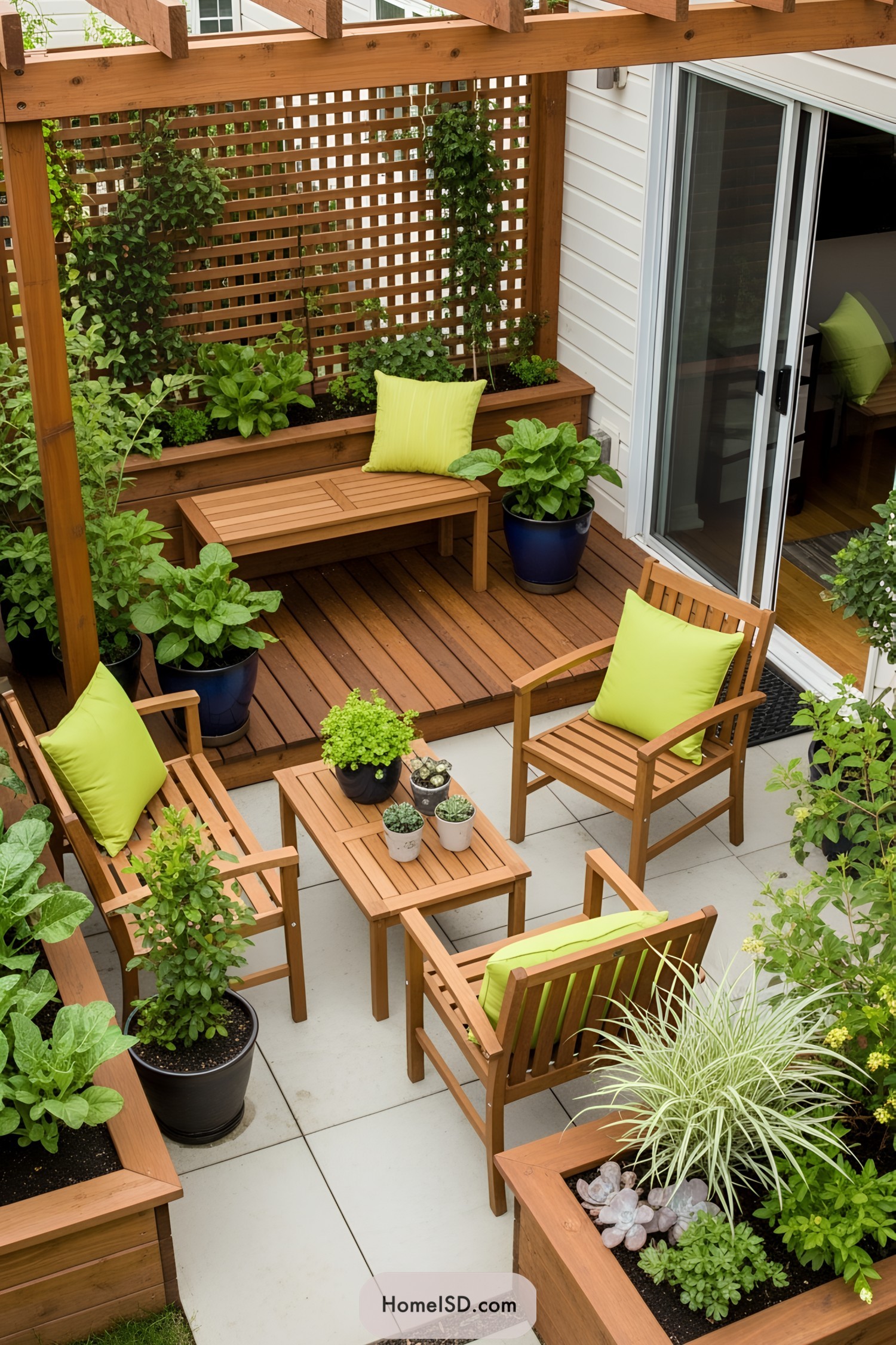 Compact outdoor patio with green plants and wooden furniture