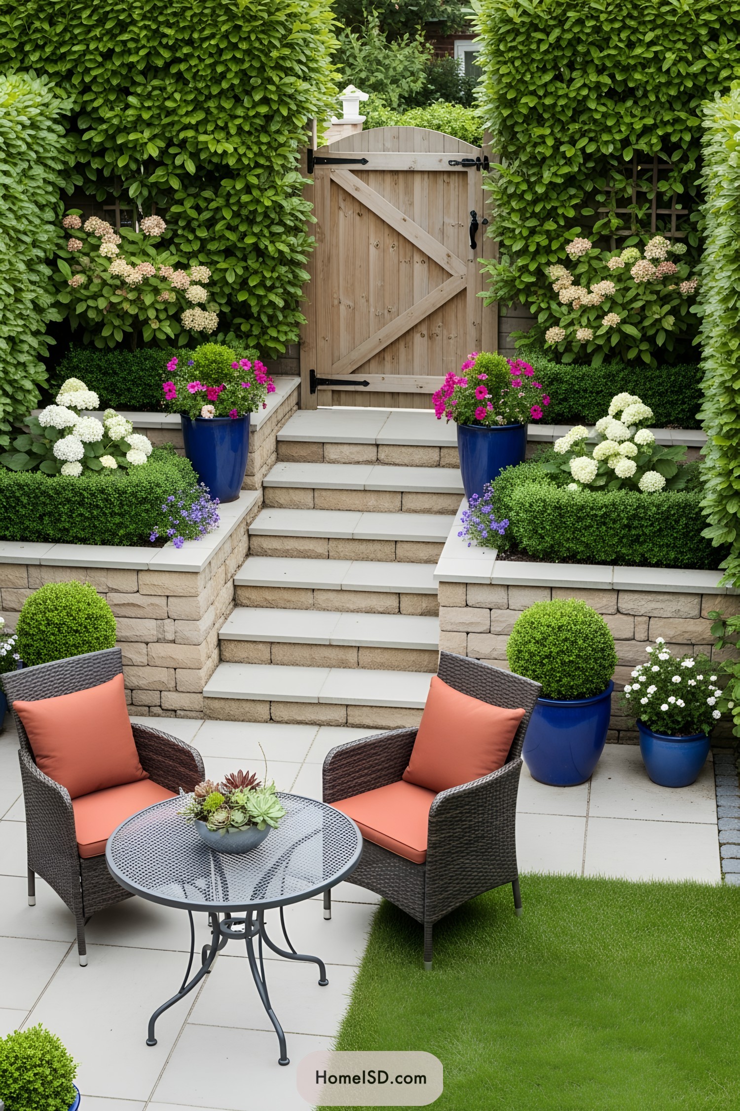 Outdoor patio with plants, colorful flowers, and inviting seating