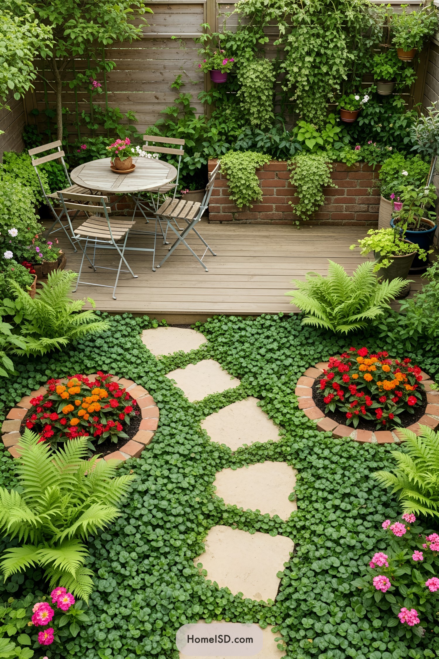 Small patio with lush plants and stone pathway