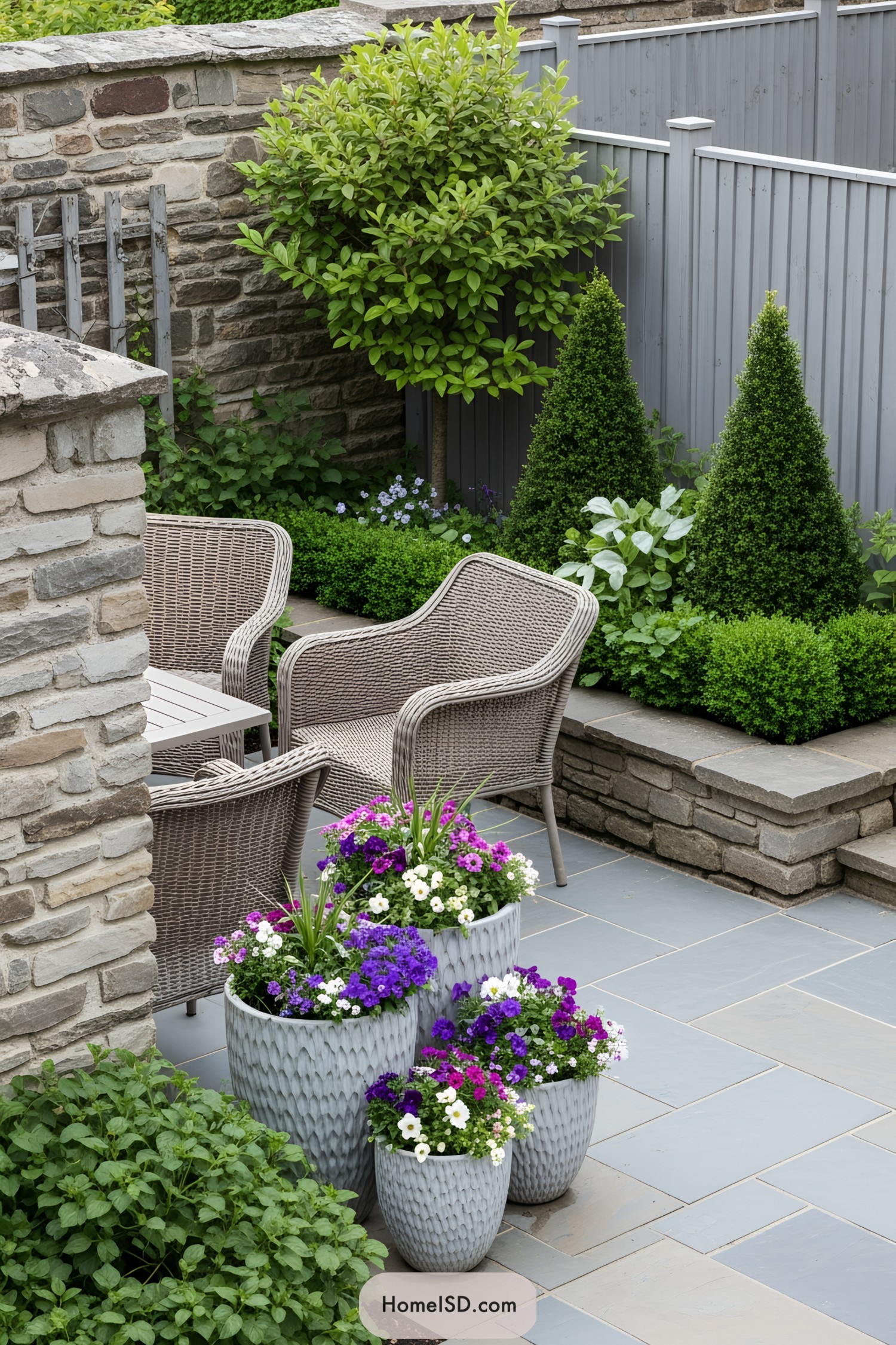 Stylish patio with wicker chairs and lush greenery