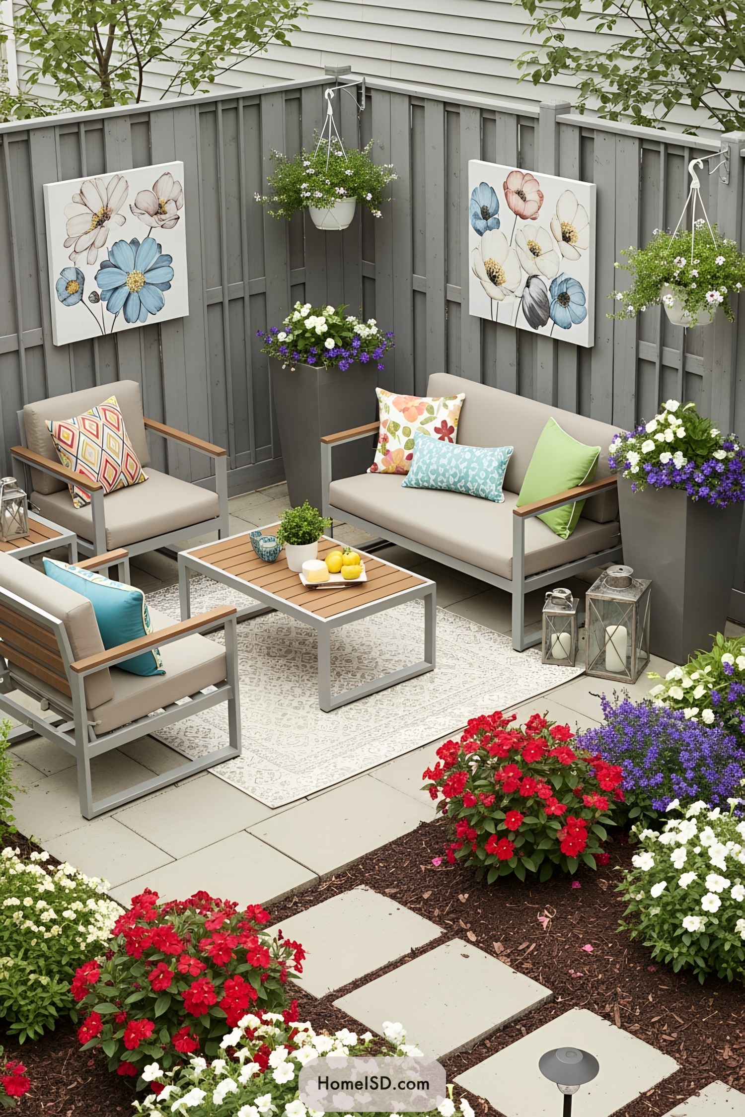 Lush patio with colorful flowers and modern seating