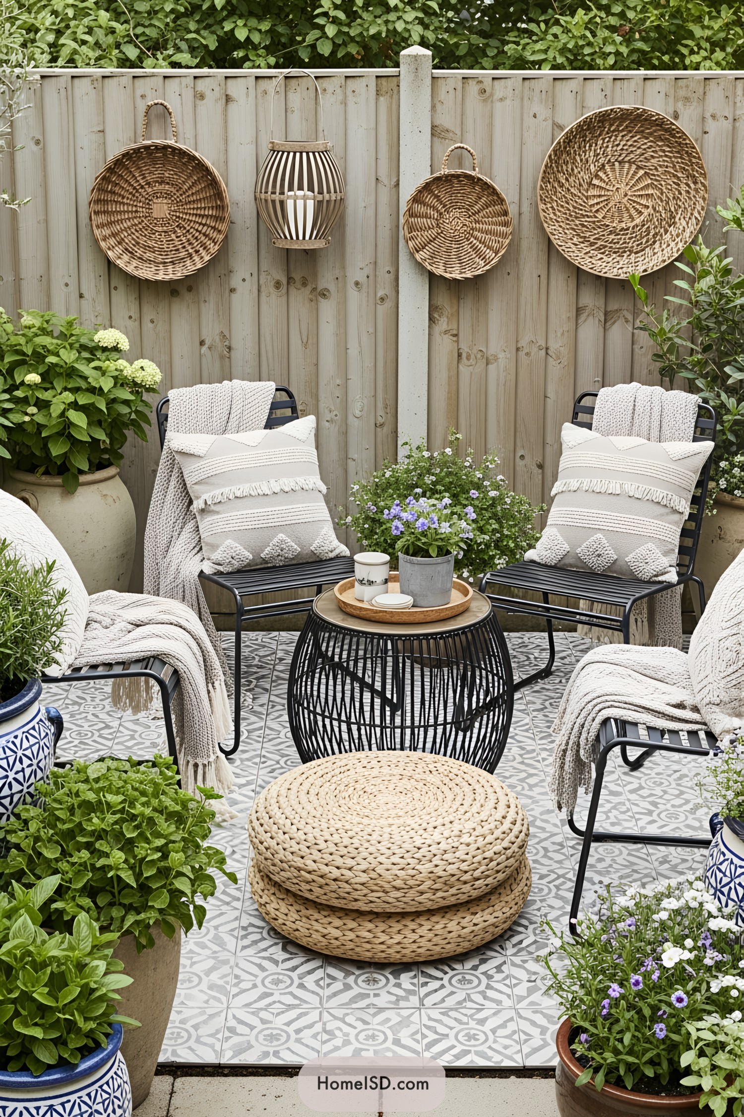 Cozy patio with woven accents and lush greenery
