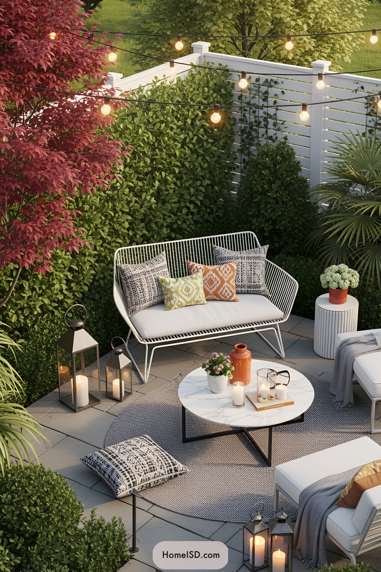 Cozy patio with lanterns and string lights