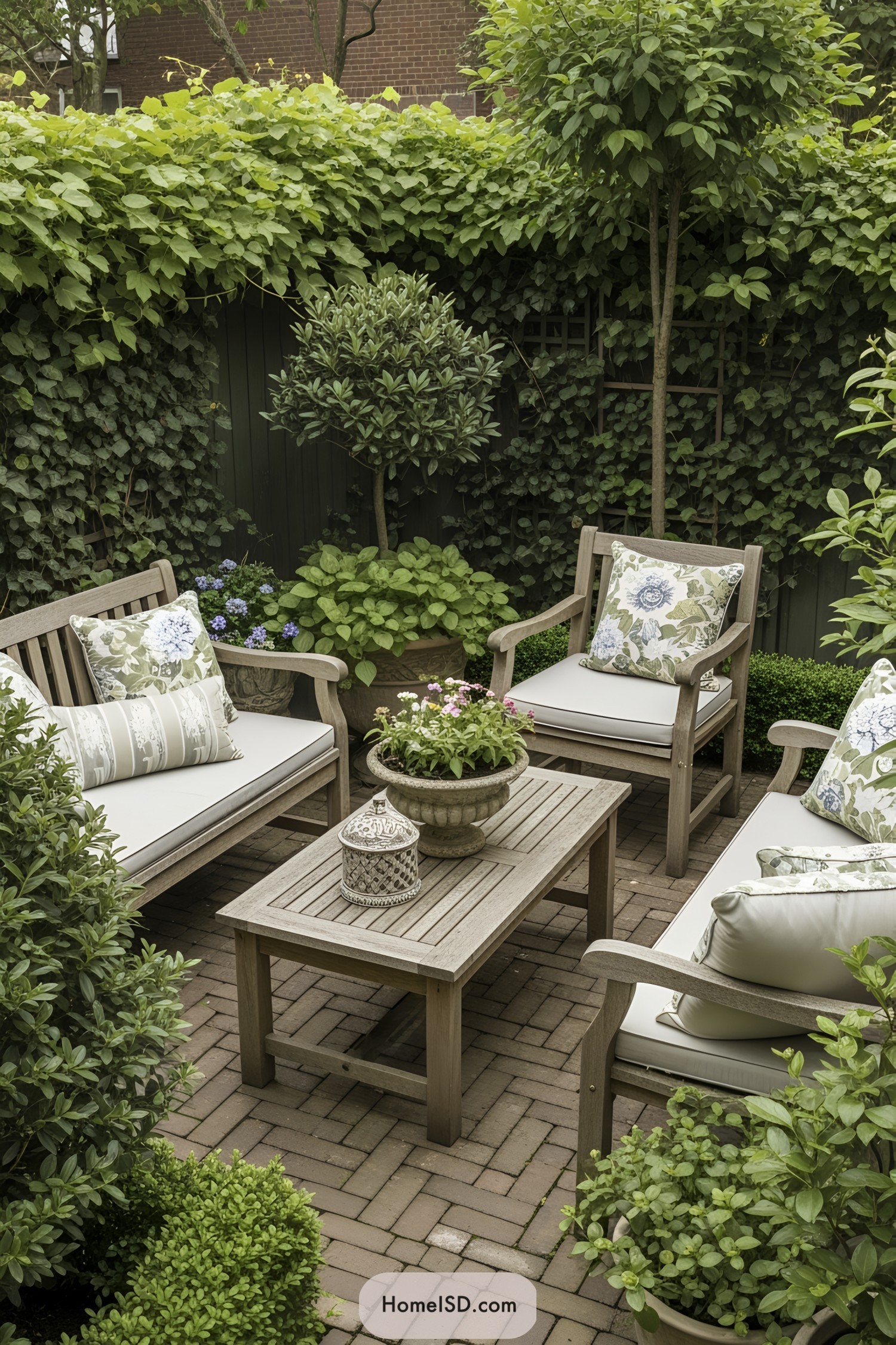 Small patio garden with wooden furniture and lush greenery