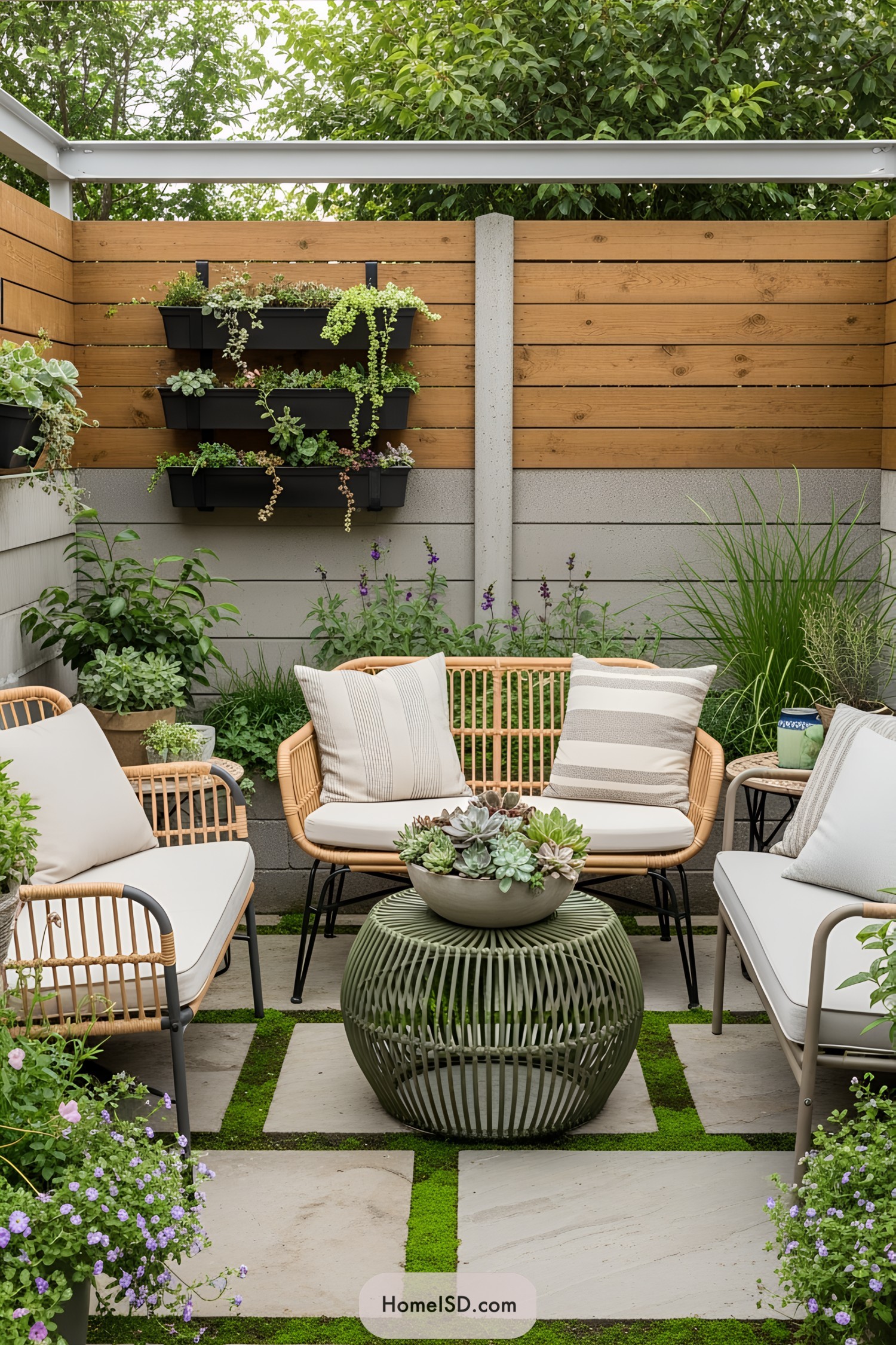 Cozy outdoor seating with lush greenery