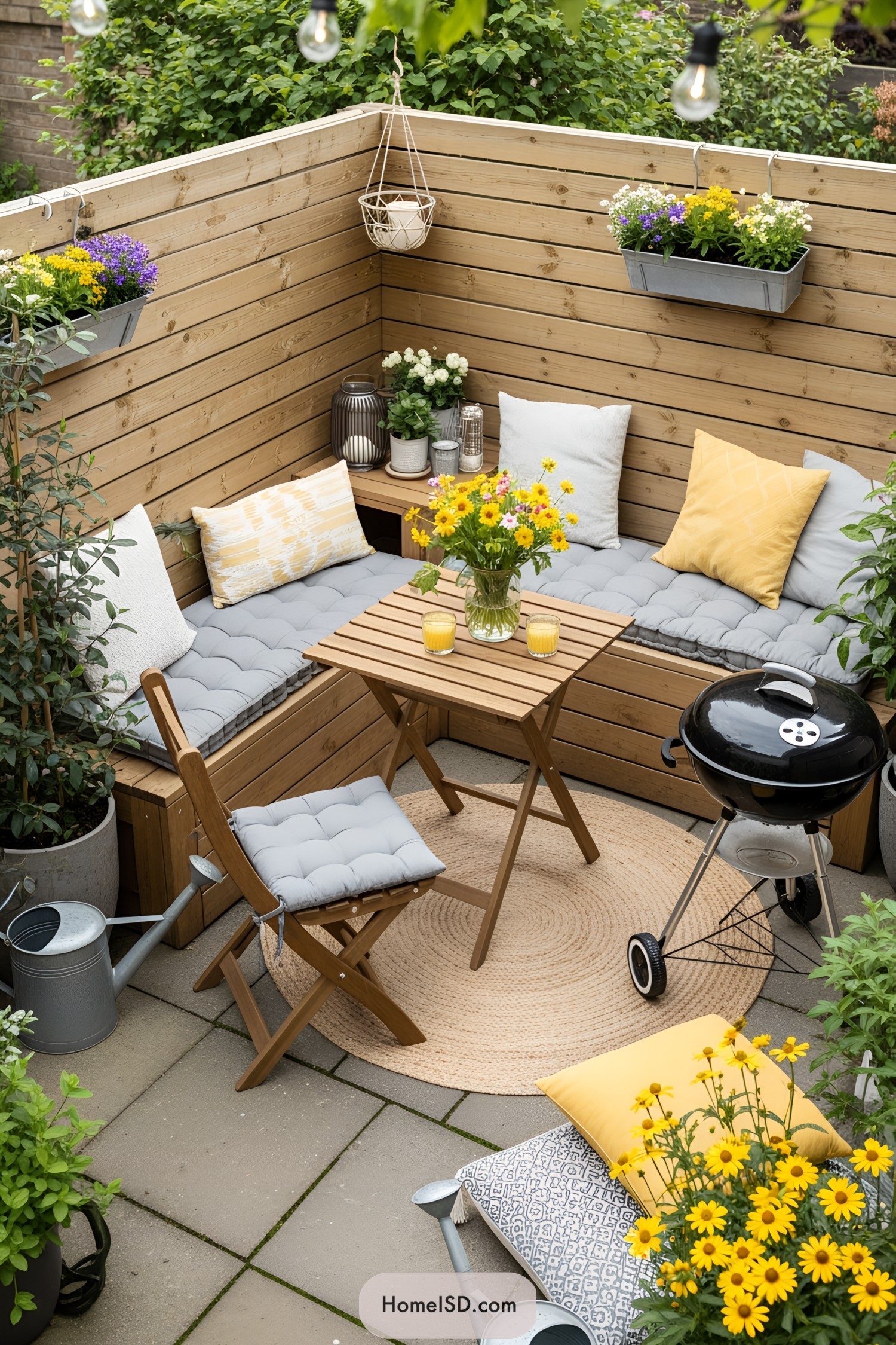 Small patio garden with cozy seating and vibrant flowers