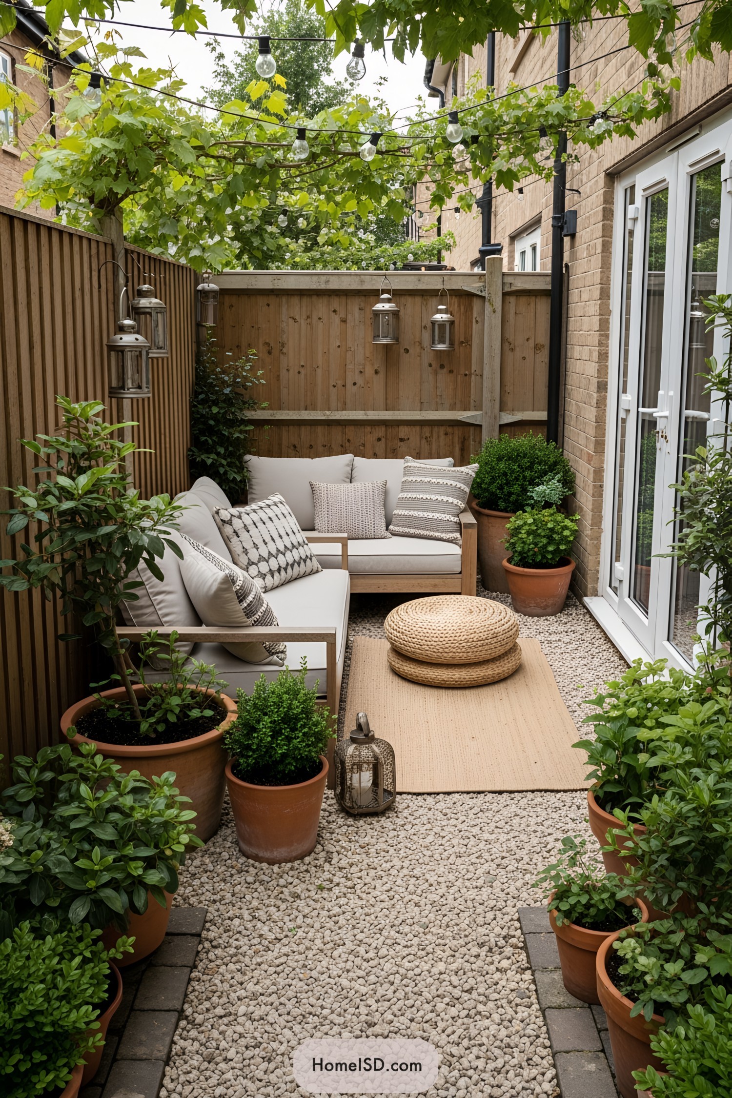 Compact patio with cozy seating and greenery
