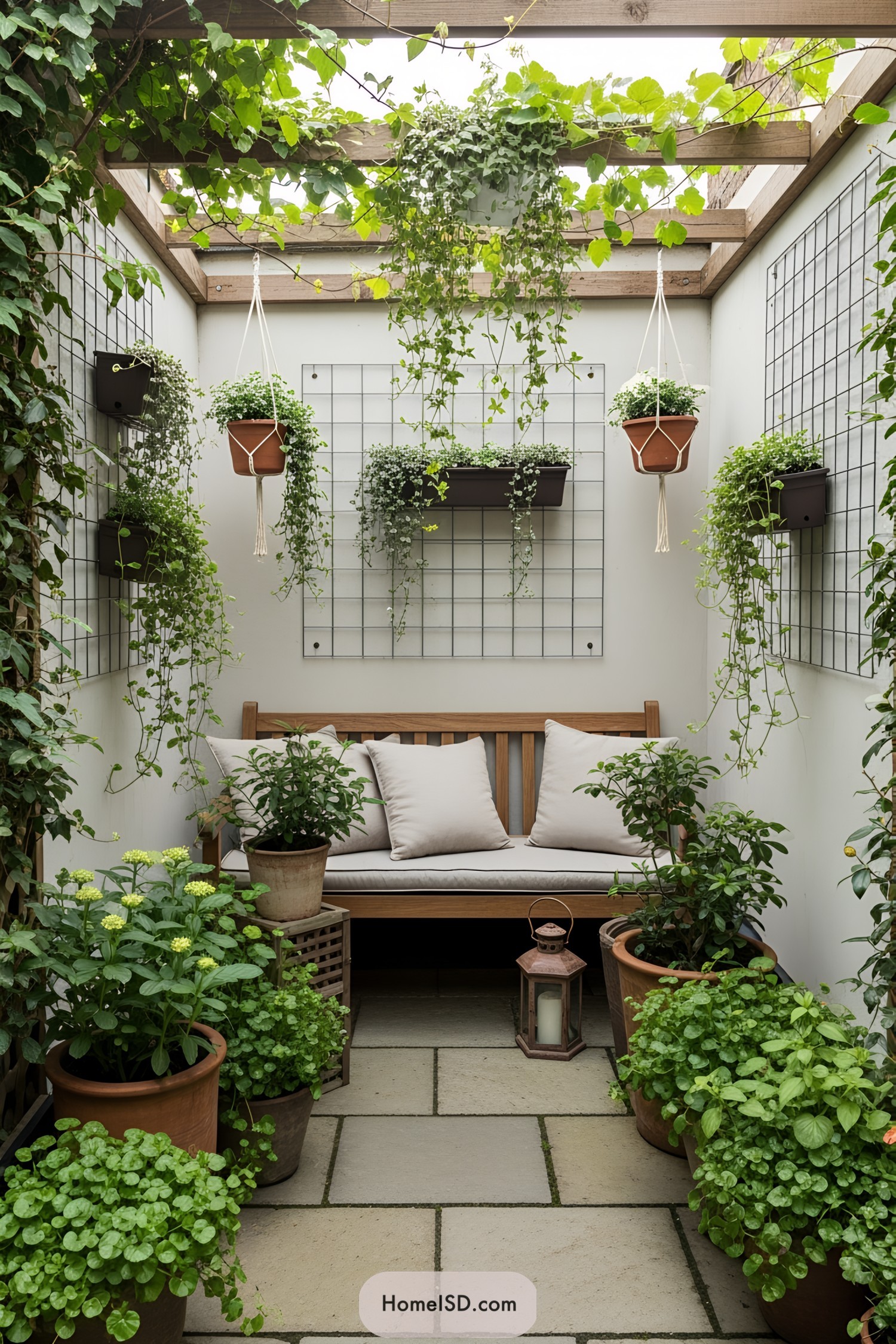 Lush greenery surrounds a cozy wooden bench on a small patio