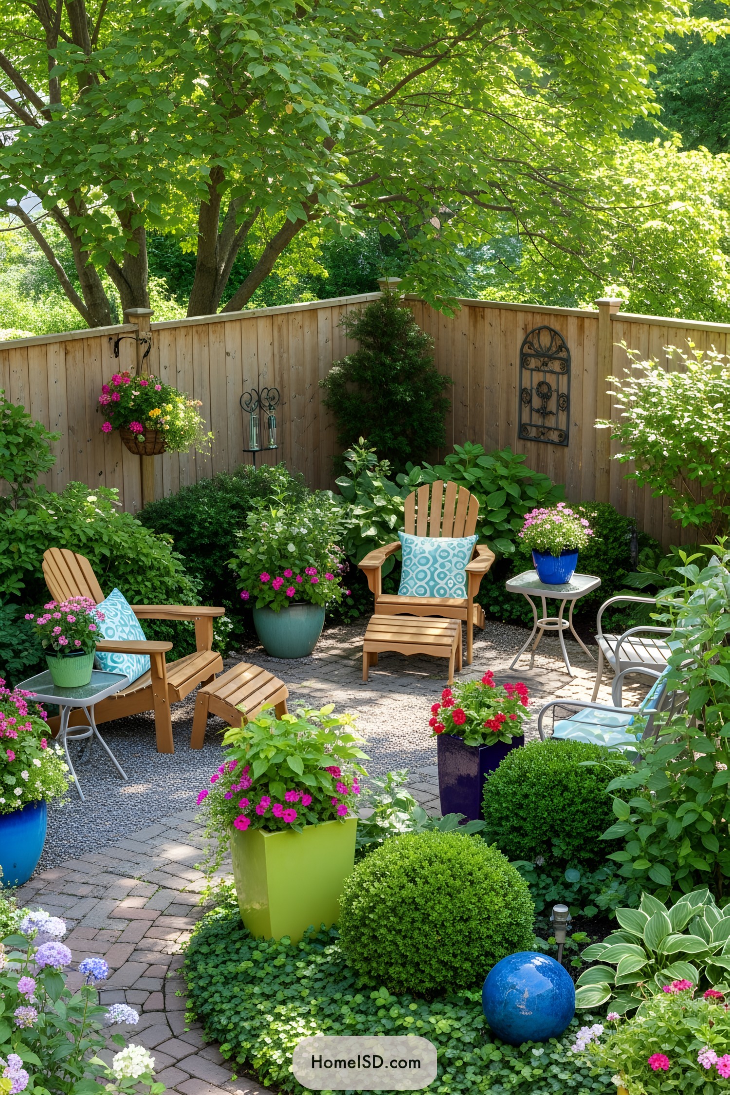 Chairs and flowers on a small, colorful patio