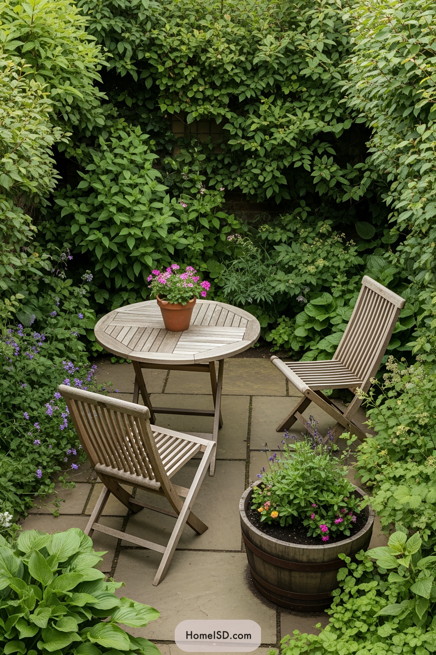 Cozy patio with wooden furniture surrounded by lush greenery