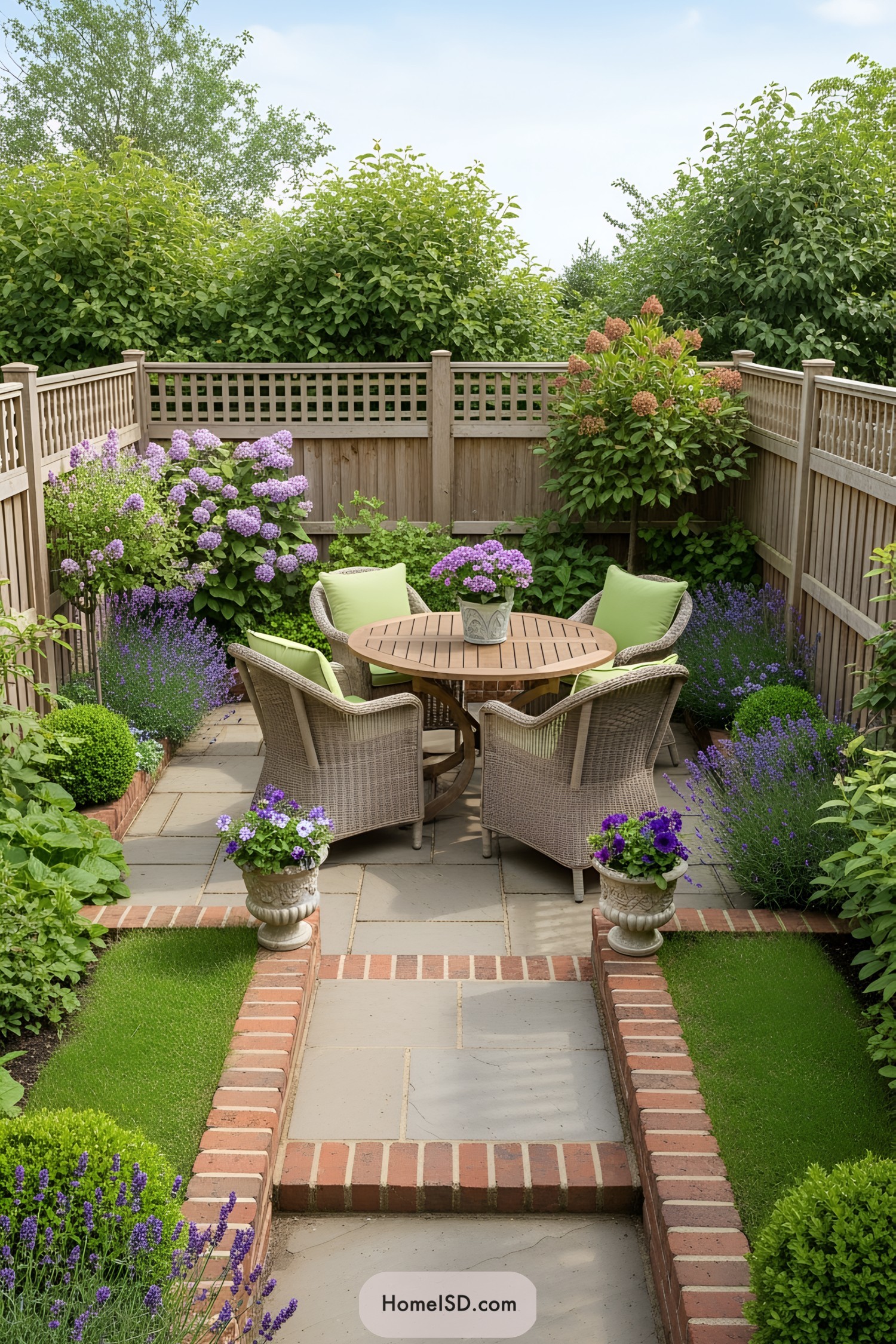 Cozy patio with wicker chairs and table surrounded by lush plants