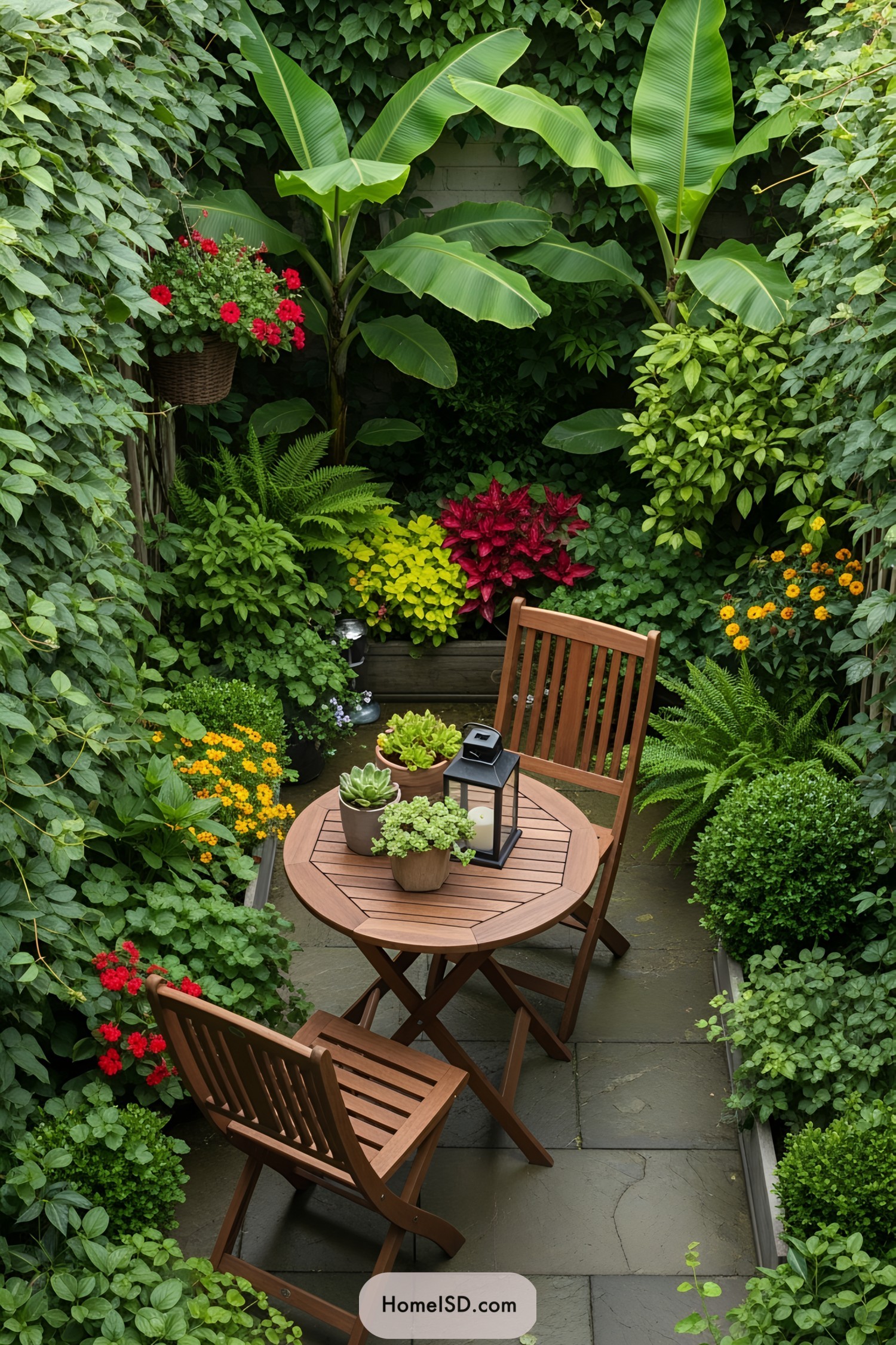 Small patio garden with lush greenery and wooden furniture