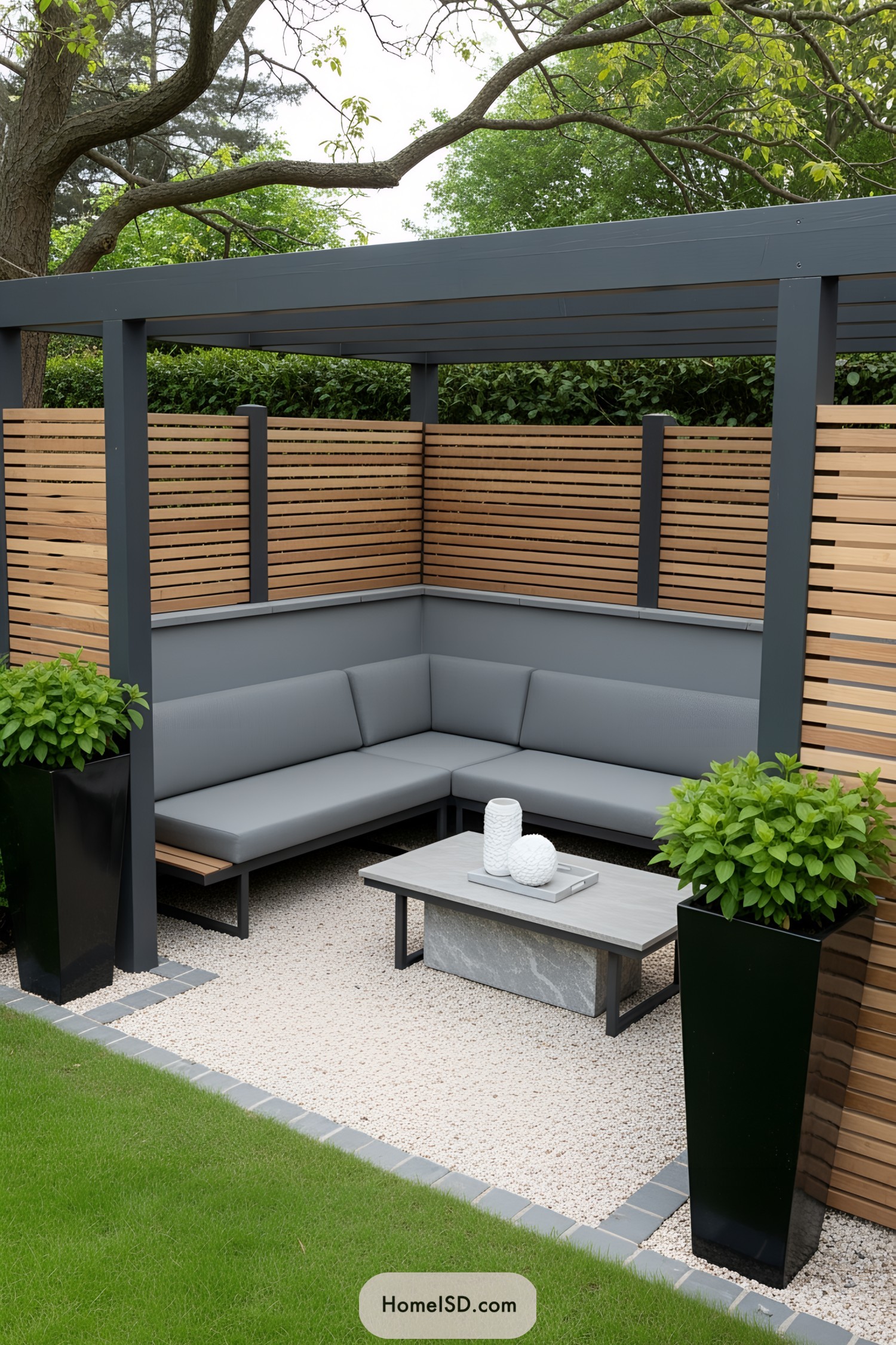 Cozy patio with wooden accents and sleek furniture