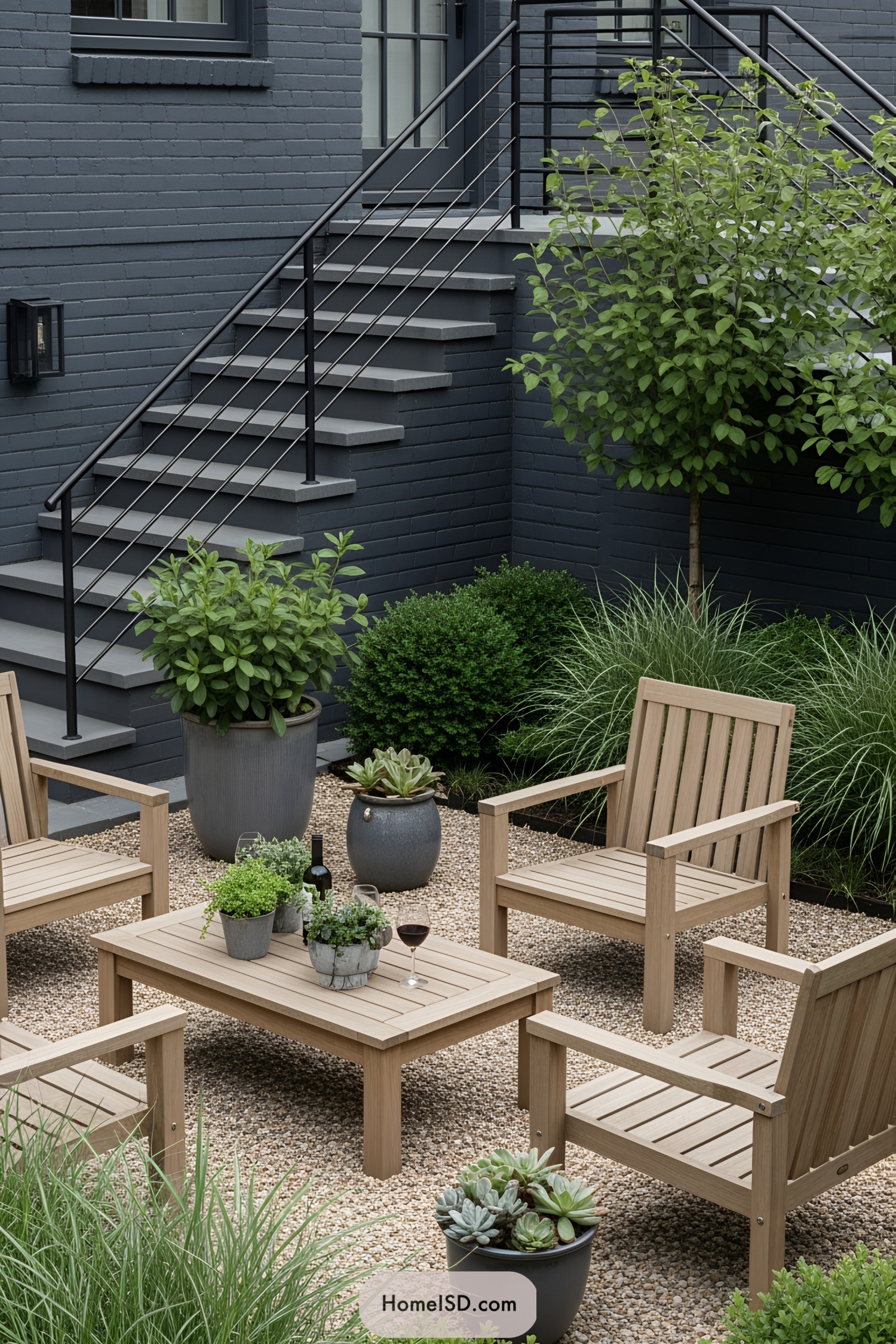 Charming small patio garden with wooden furniture and lush greenery