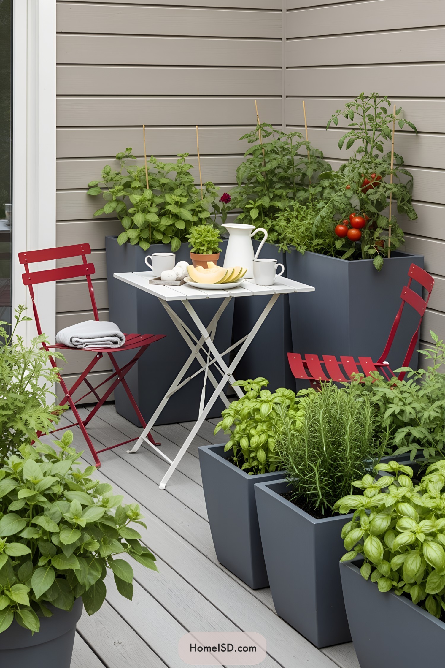 Small patio garden with plants, chairs, and a table