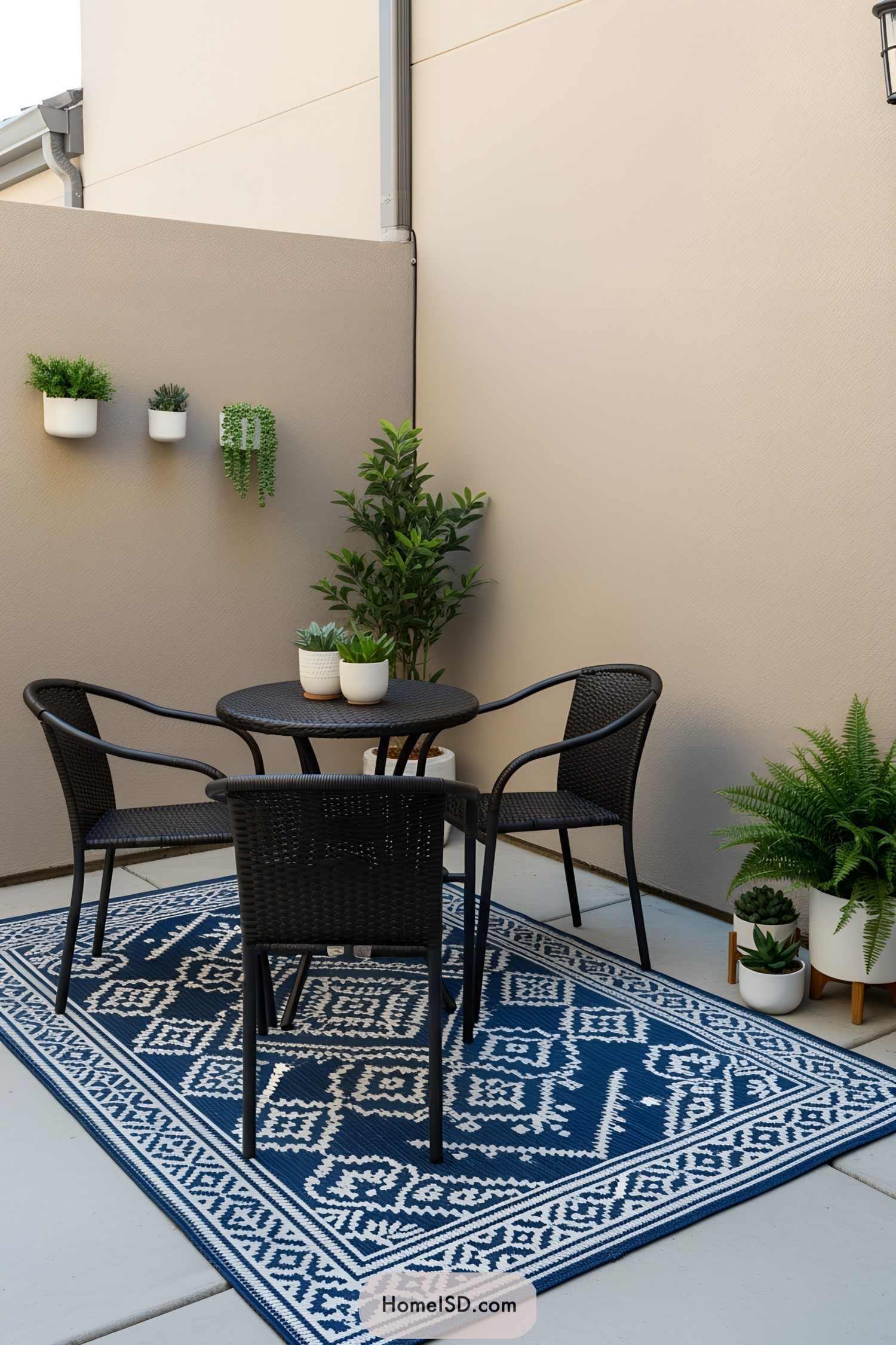Small patio with chairs, table, and greenery
