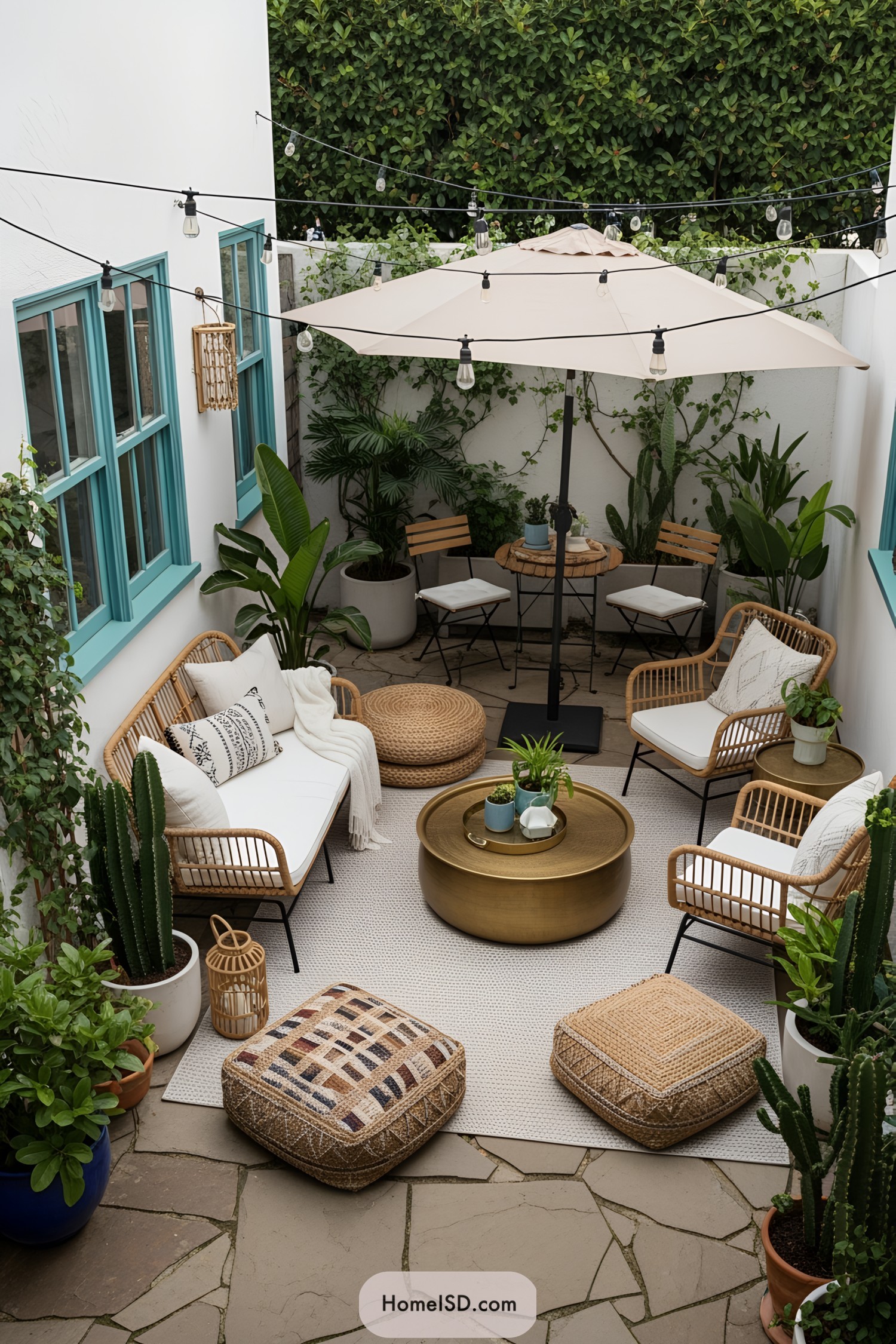 Small patio with cozy seating, plants, and lighting