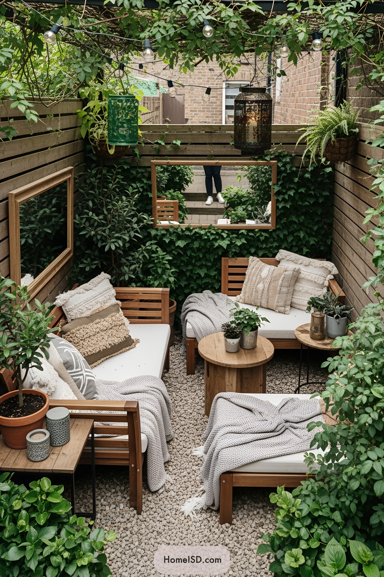 Cozy patio with greenery, wooden furniture, and string lights