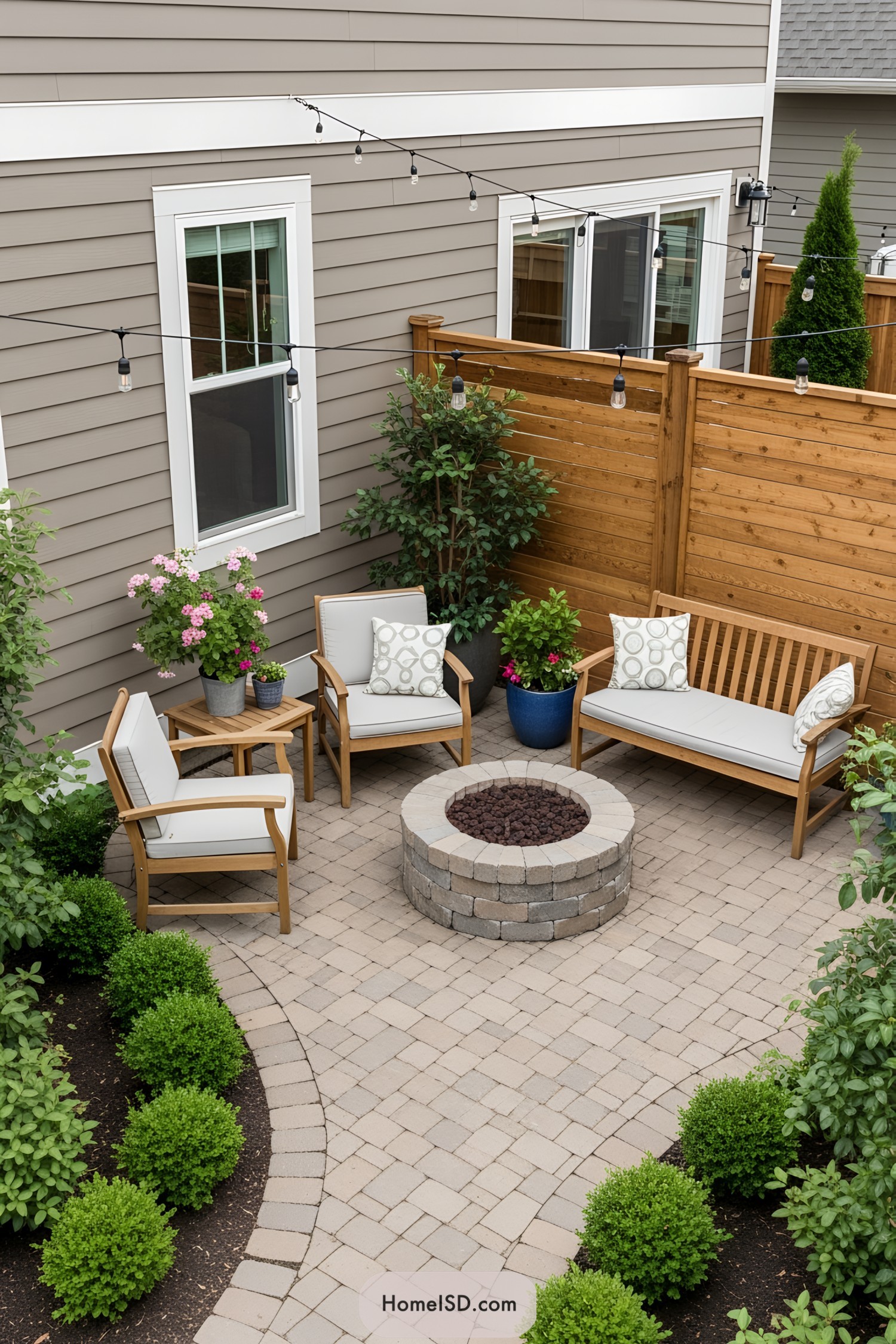 Small patio with seating, fire pit, and plants