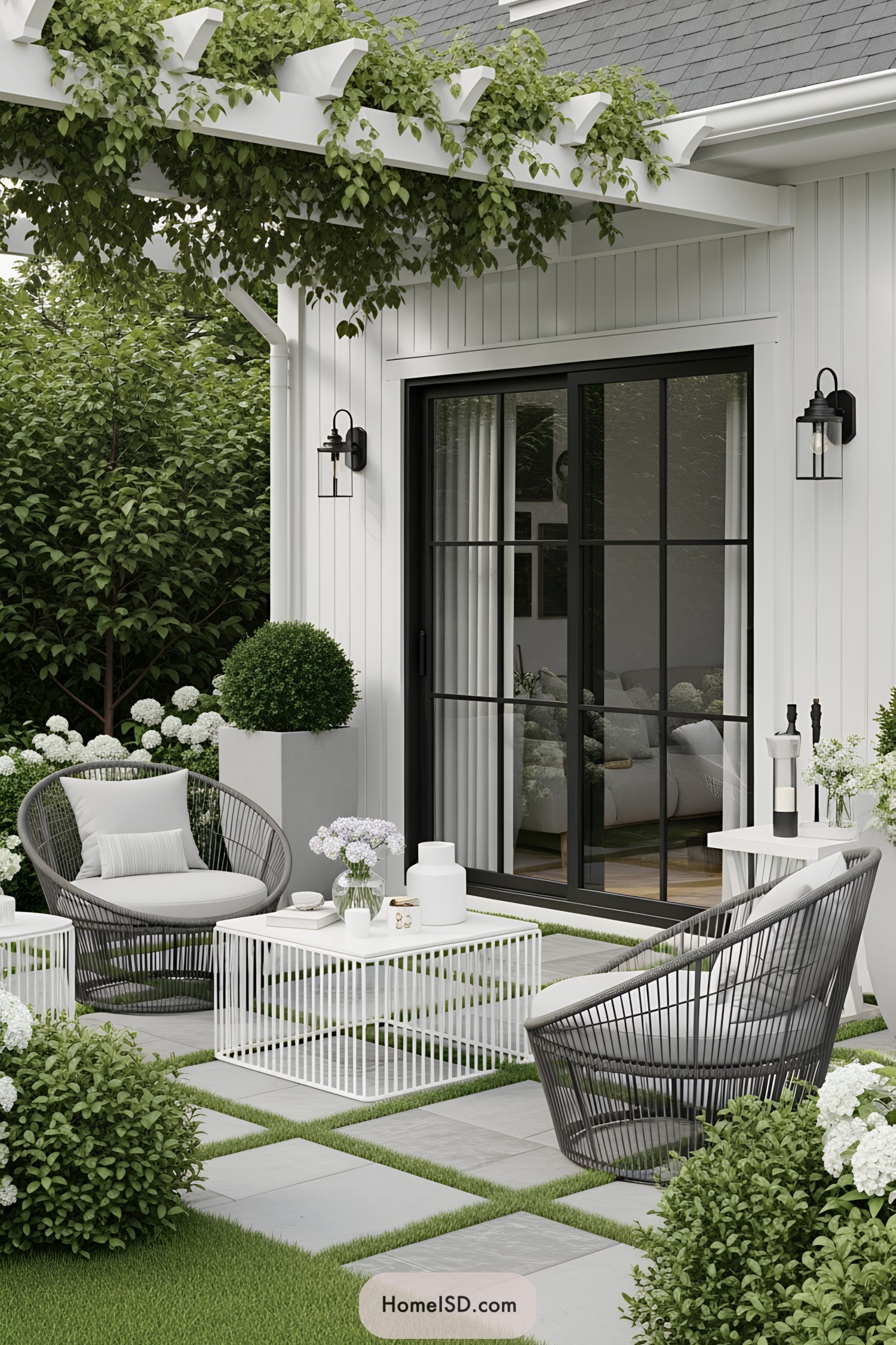 Chic patio with modern chairs and a white coffee table