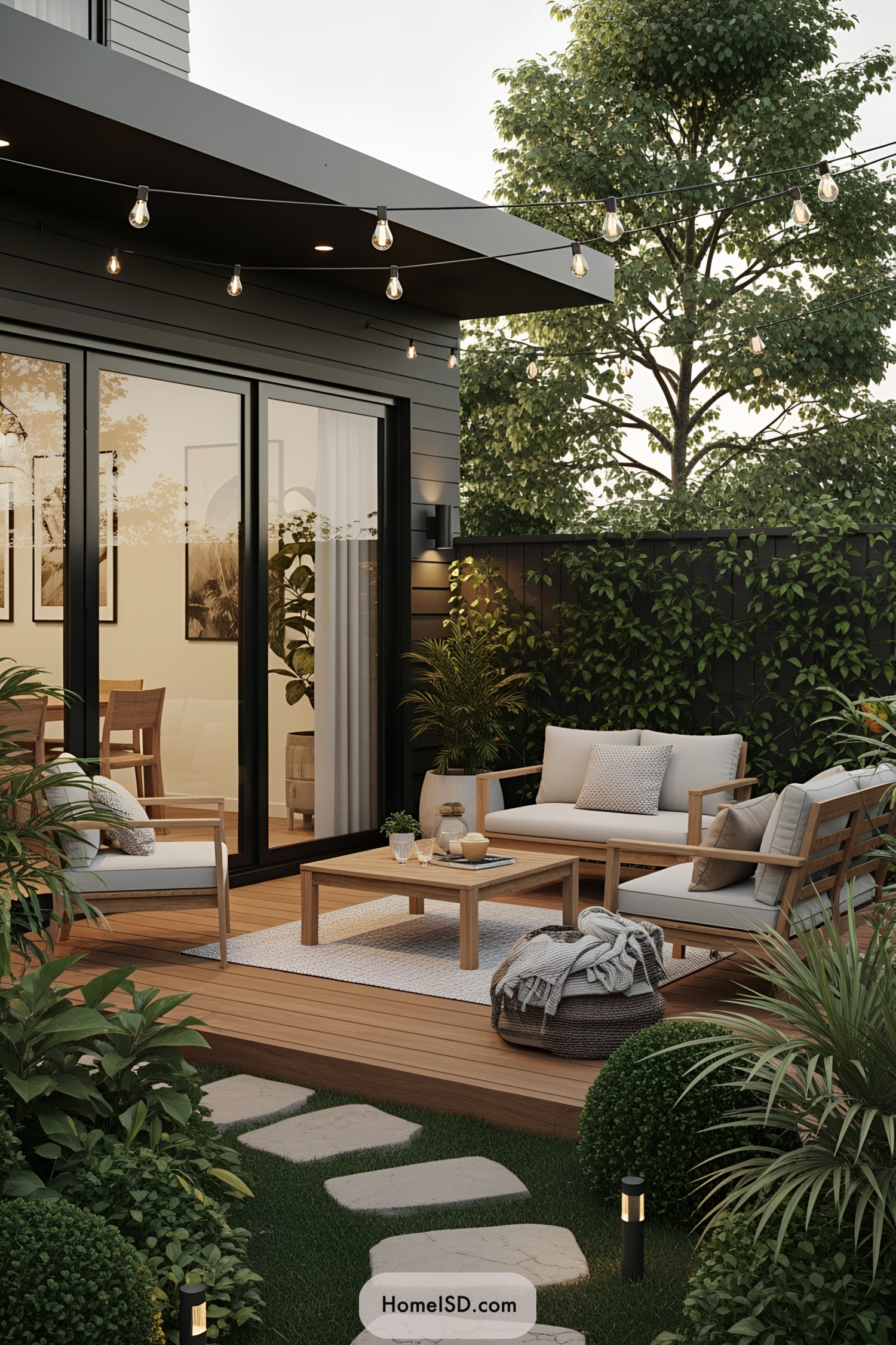 Cozy wooden patio set with string lights above