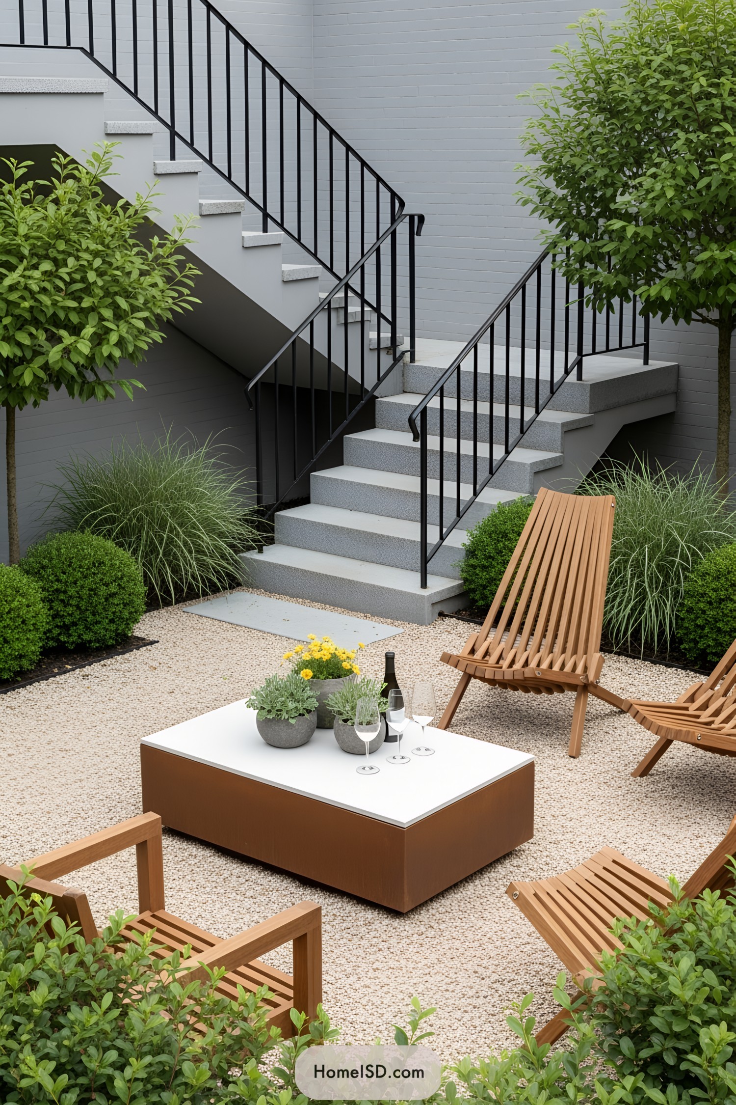 Modern patio with seating, table, and greenery