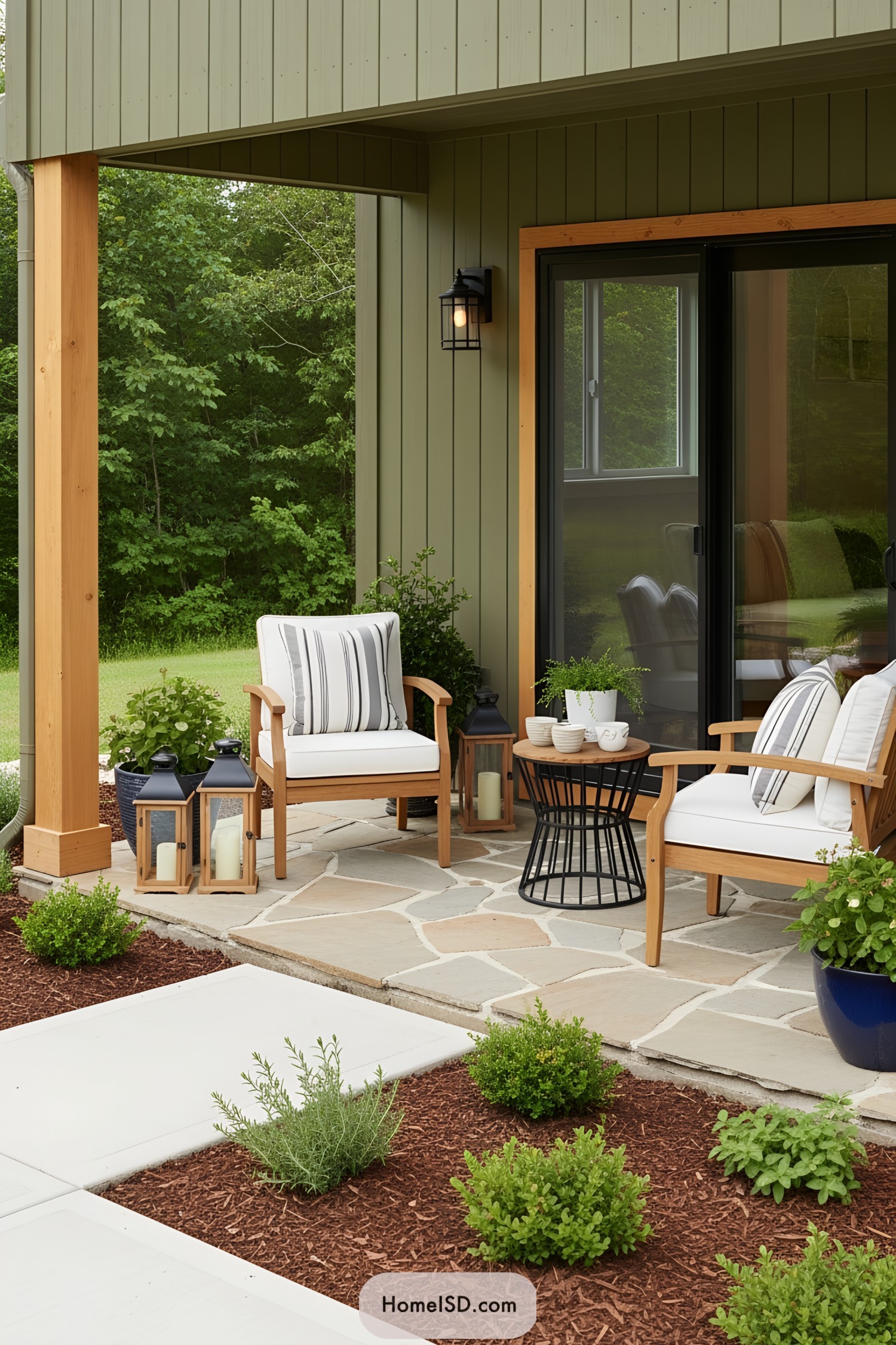 Small patio with chairs, table, and greenery