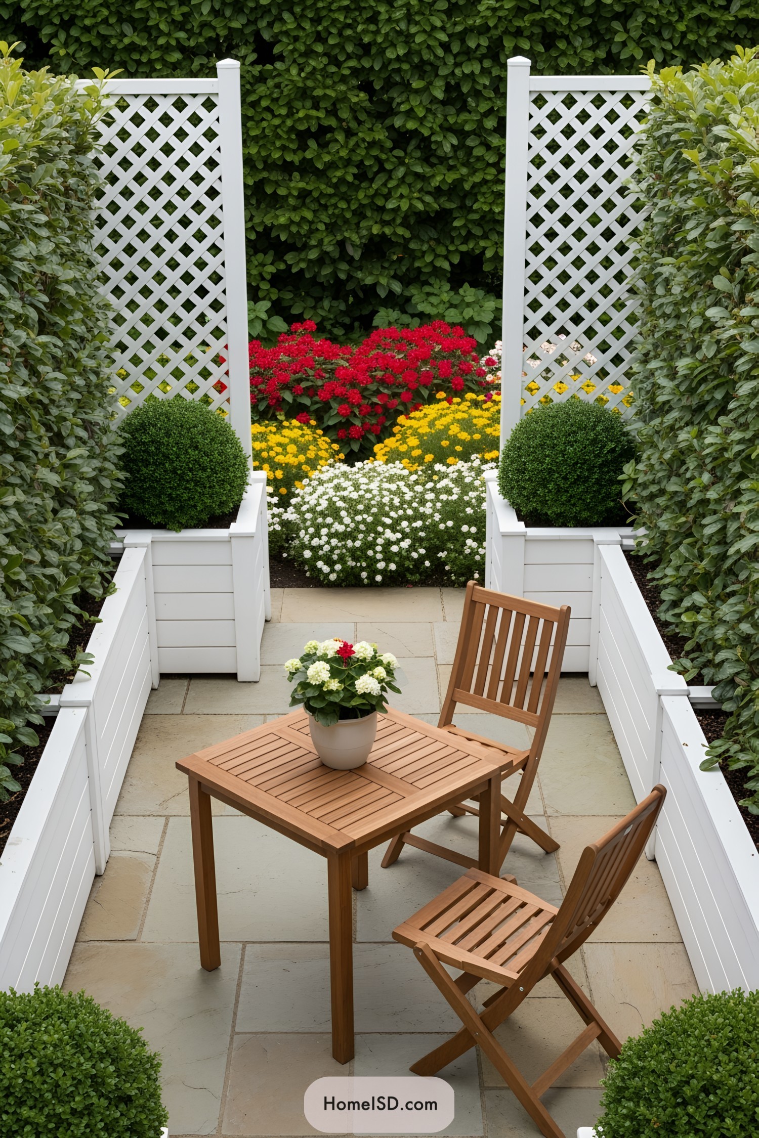 Small patio with wooden furniture and colorful flowers