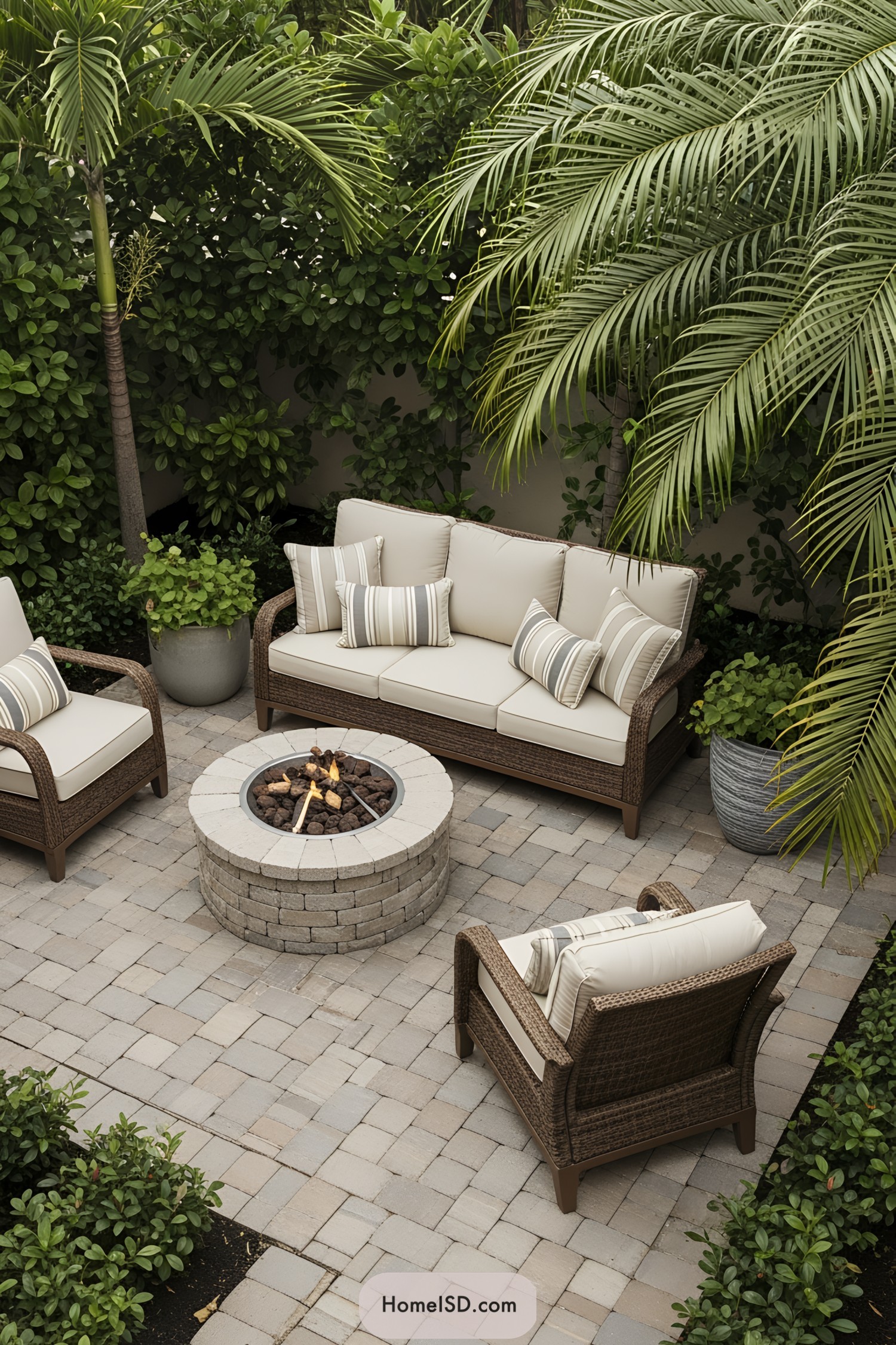 Cozy patio with wicker furniture and fire pit