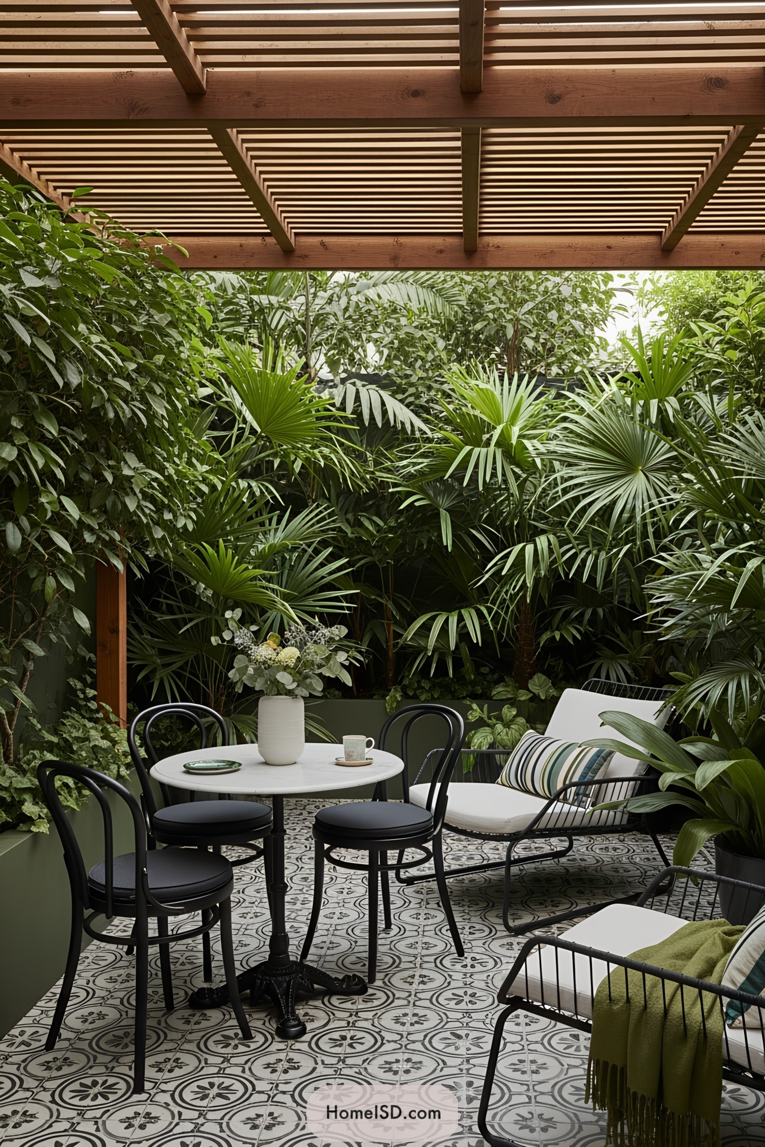 A lush patio surrounded by greenery with a small table and chairs beneath a wooden pergola