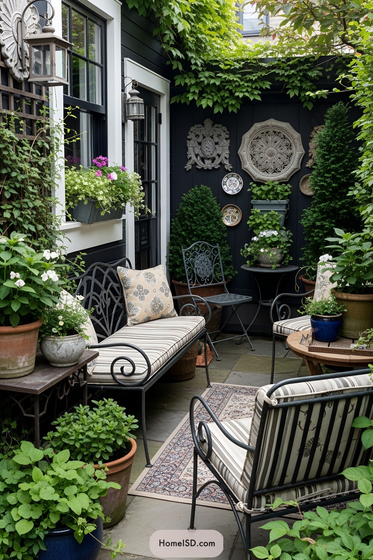 Charming small patio with lush greenery and elegant seating arrangements