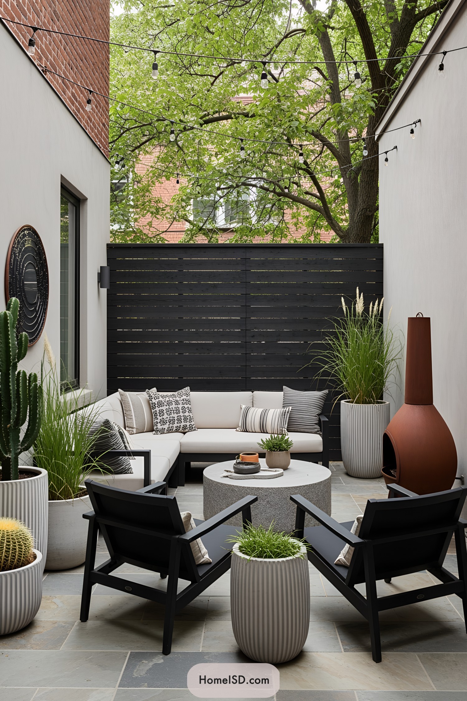 Small patio with seating, plants, and string lights