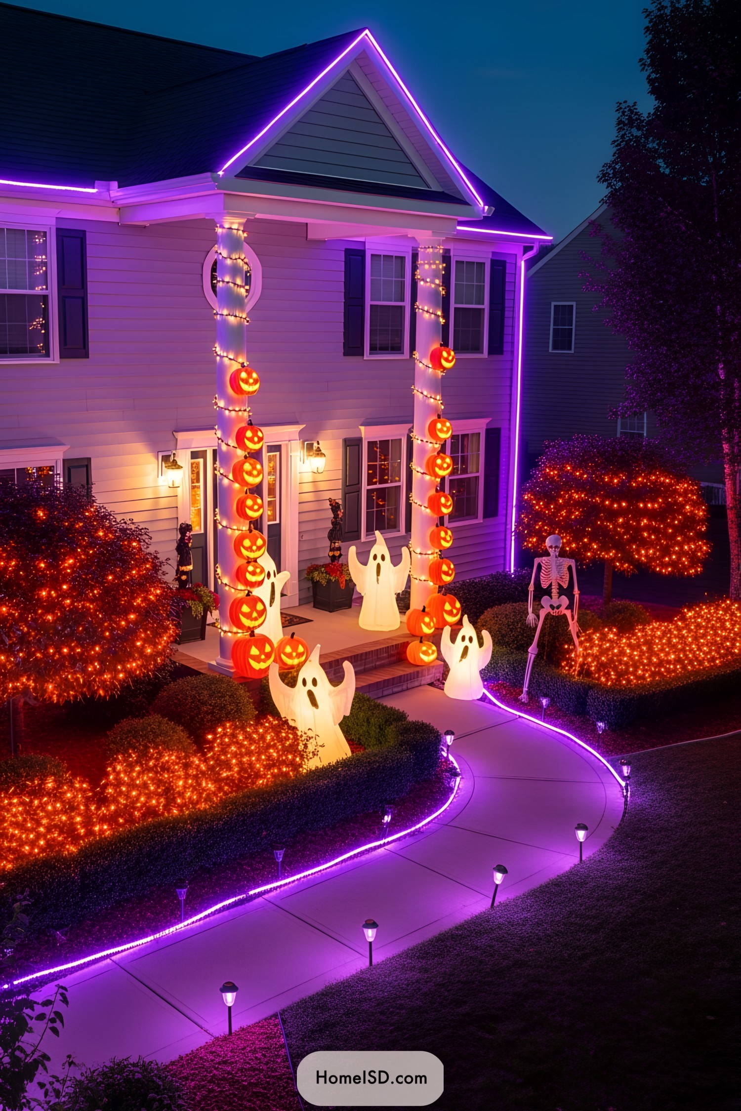 House adorned with Halloween lights, featuring neon outlines, glowing pumpkins, and inflatable ghosts