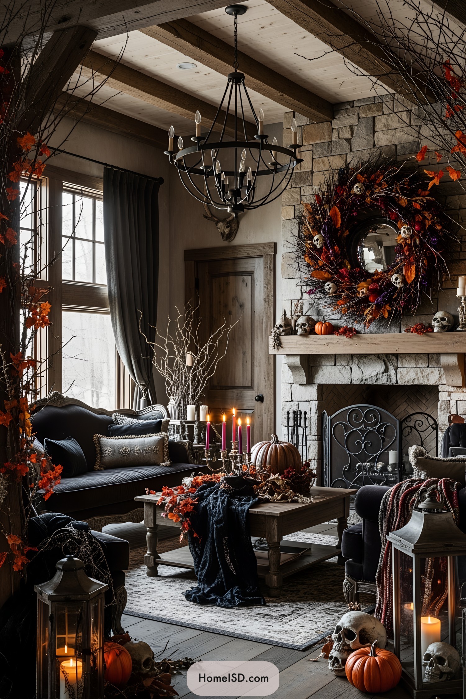 The following image must inspire interior design of halloween wreath idea. If the image shows interior details, describe them elaborately, if not, come up with new decor elements based on the vibe of the image. Create a description of interior decor in a concise paragraph. Keep it formal and very short. Describe these subjects in the order of priority: type of room, overall aesthetic and interior style, color theme, architectural details, walls, windows, floors, ceiling, materials, furnishings, accessories, plants, and other important details. If there's a view through the window, describe it. Do not refer to the image itself, do not say that the image shows, describe the interior directly. Start writing from the standpoint of what it is, not what it features (e.g., halloween wreath idea with...) If there is text overlay in the image, ignore it. If the image is a collage, use the first image only. If there's a floor plan in the image, ignore it. Ignore people or animals.