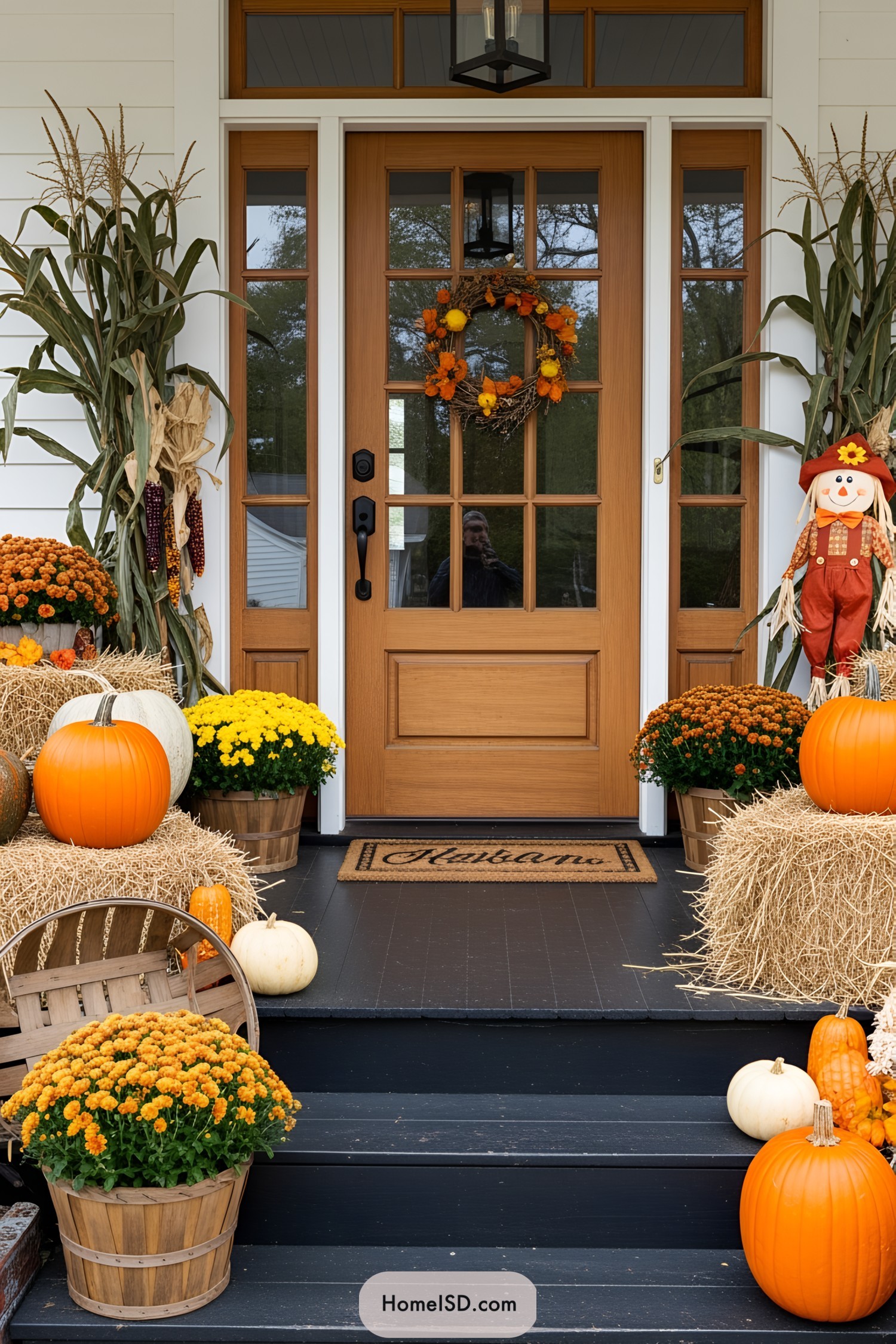 Wooden door with fall wreath, surrounded by pumpkins and chrysanthemums