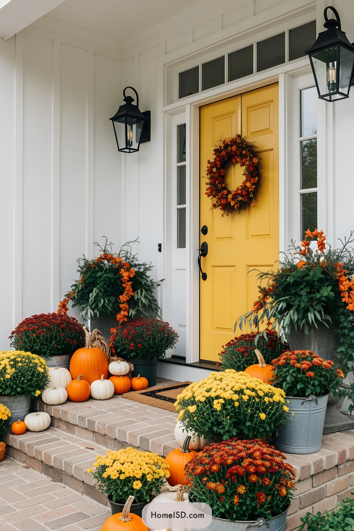 Vibrant fall-themed porch with pumpkins and flowers