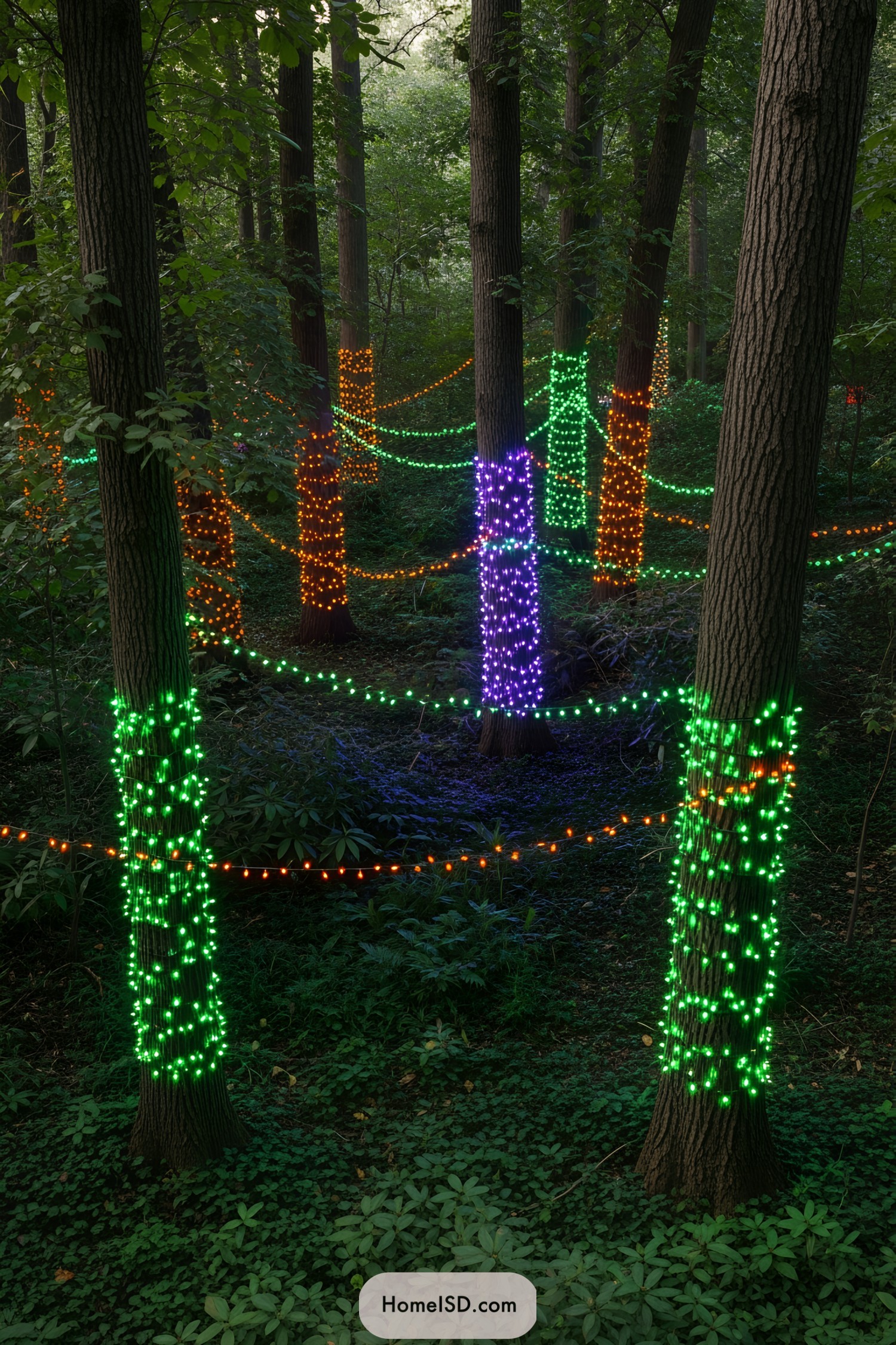 Trees adorned with colorful Halloween string lights in a forest