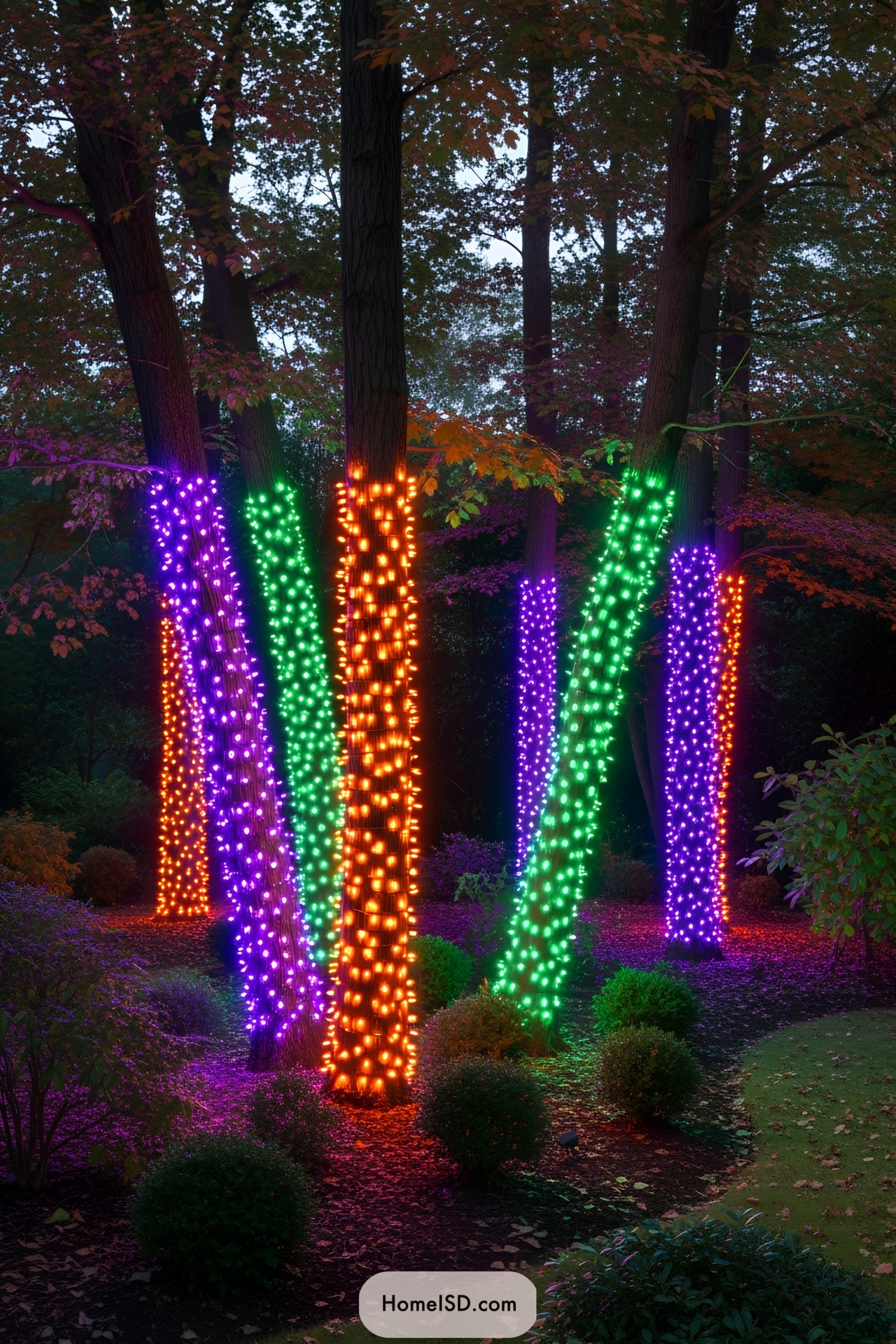 Trees Wrapped in Vibrant Halloween Lights