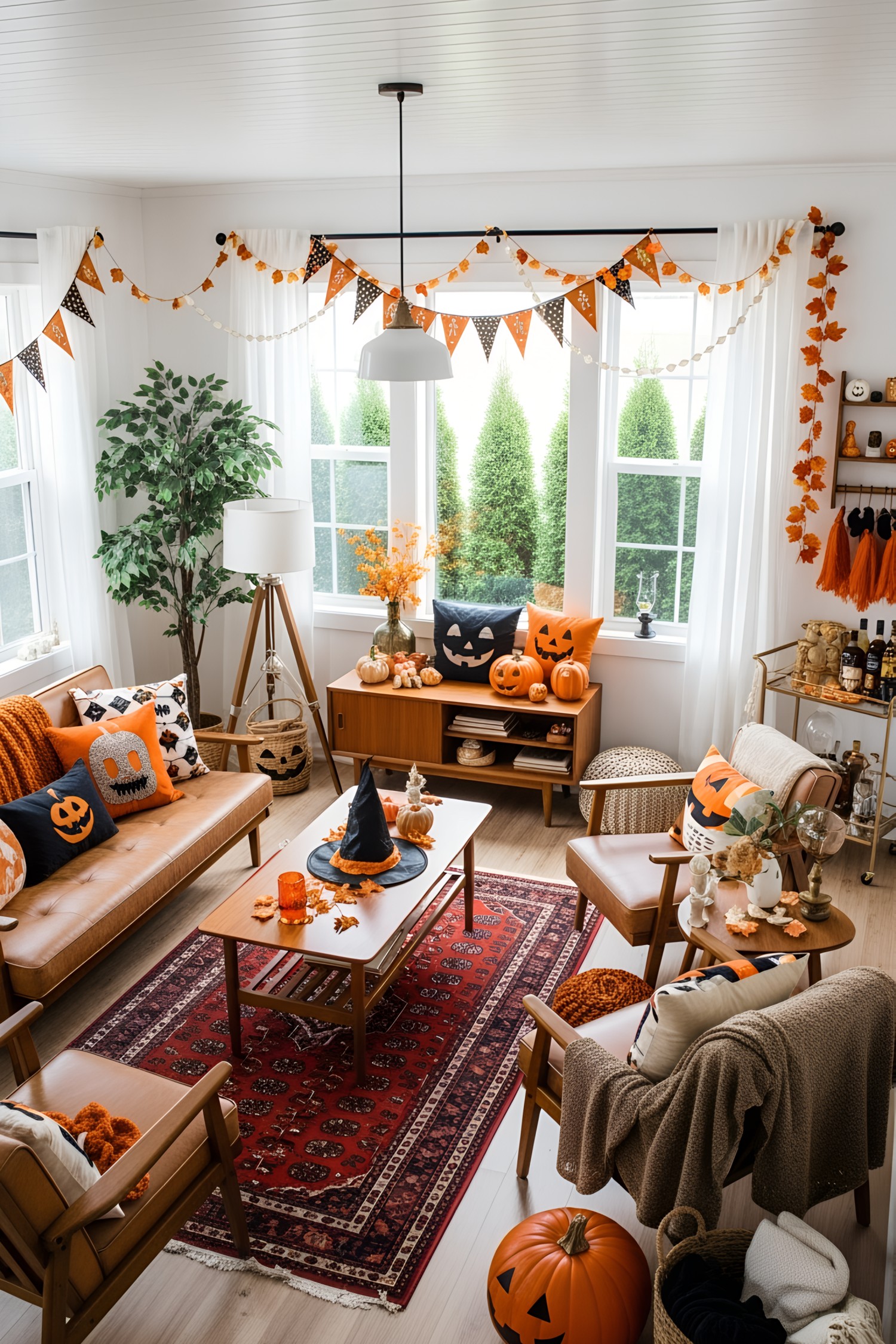 Festive Halloween-themed living room with decorations