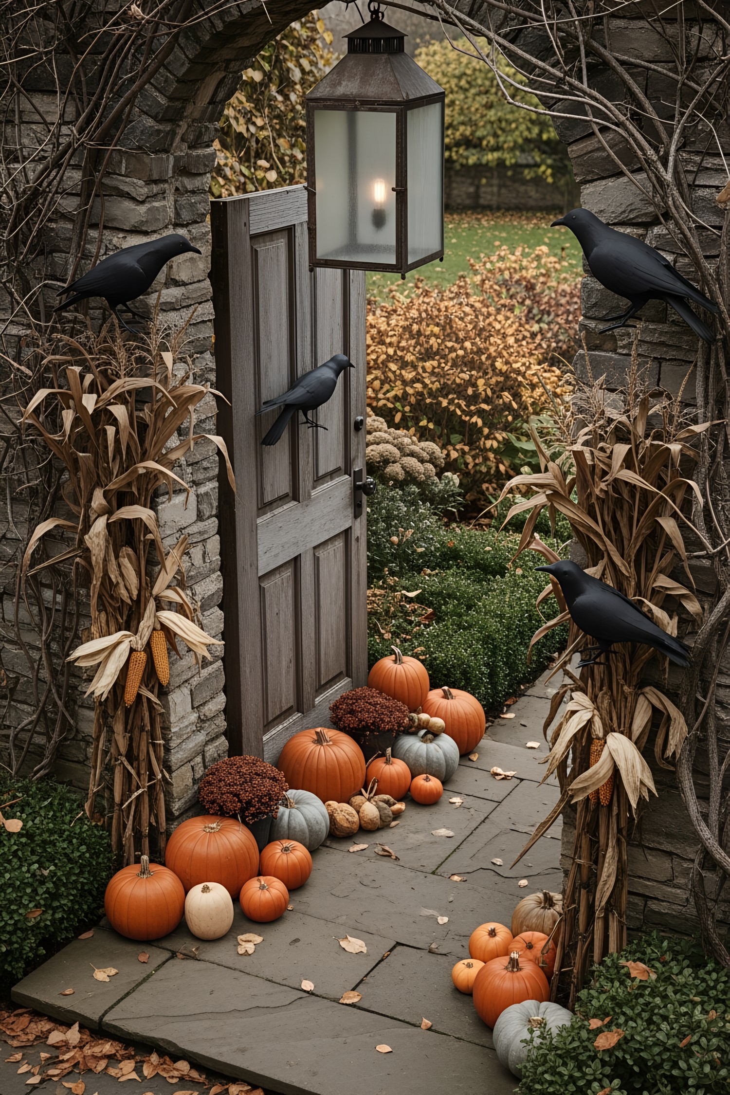 Halloween-themed outdoor entrance with pumpkins and crows