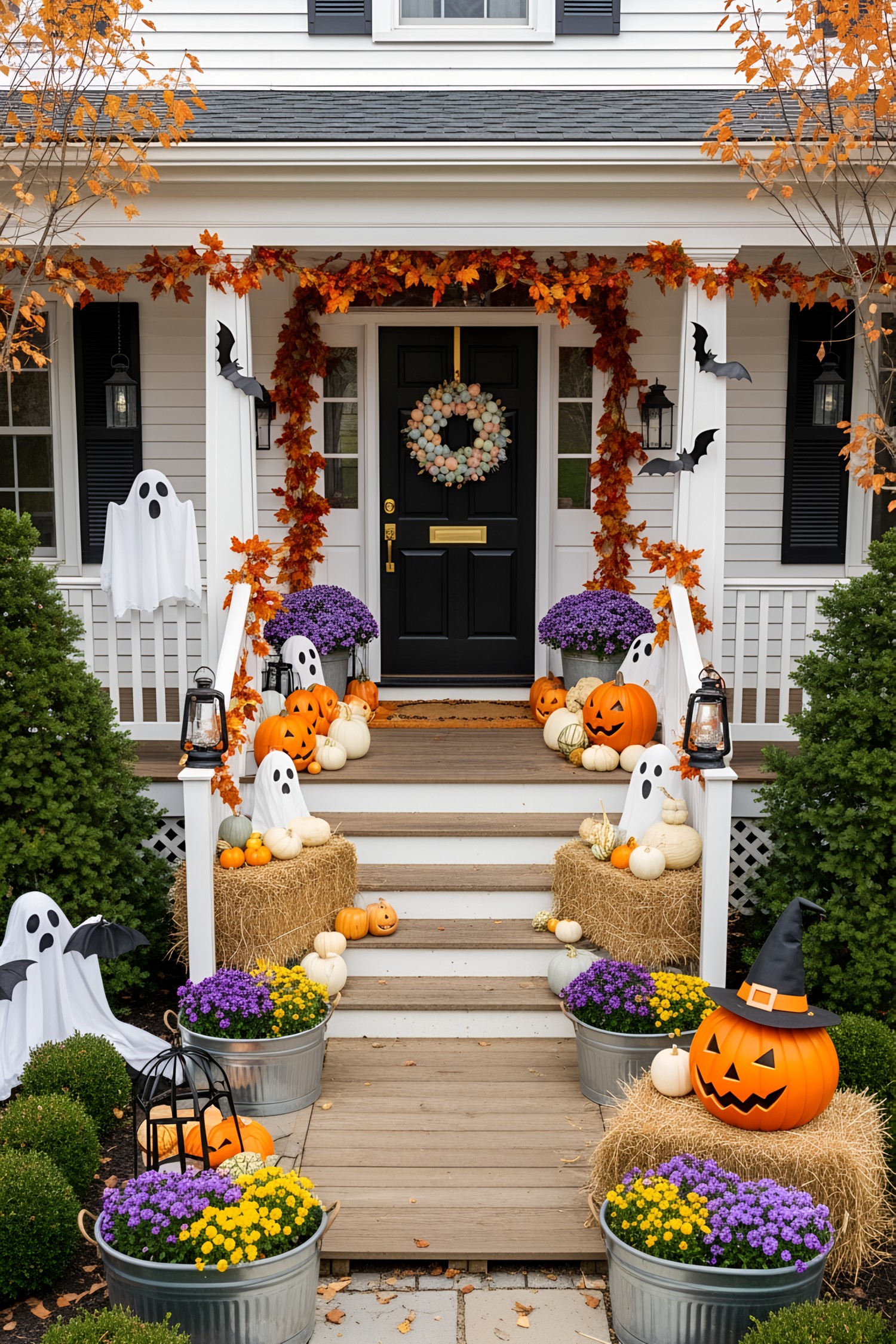 Festive pumpkins and spooky decorations on a porch