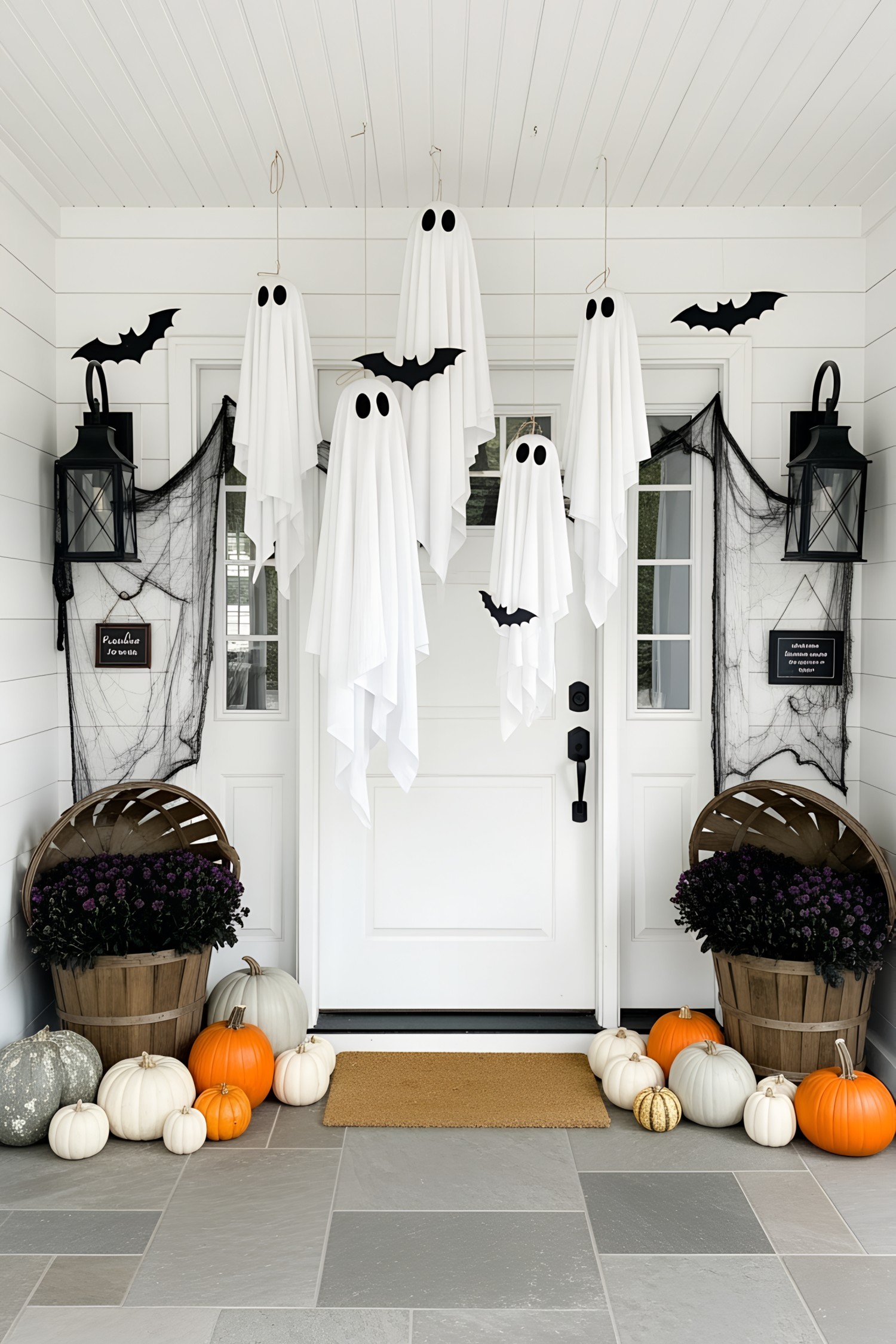 Playful ghosts and pumpkins adorn a porch