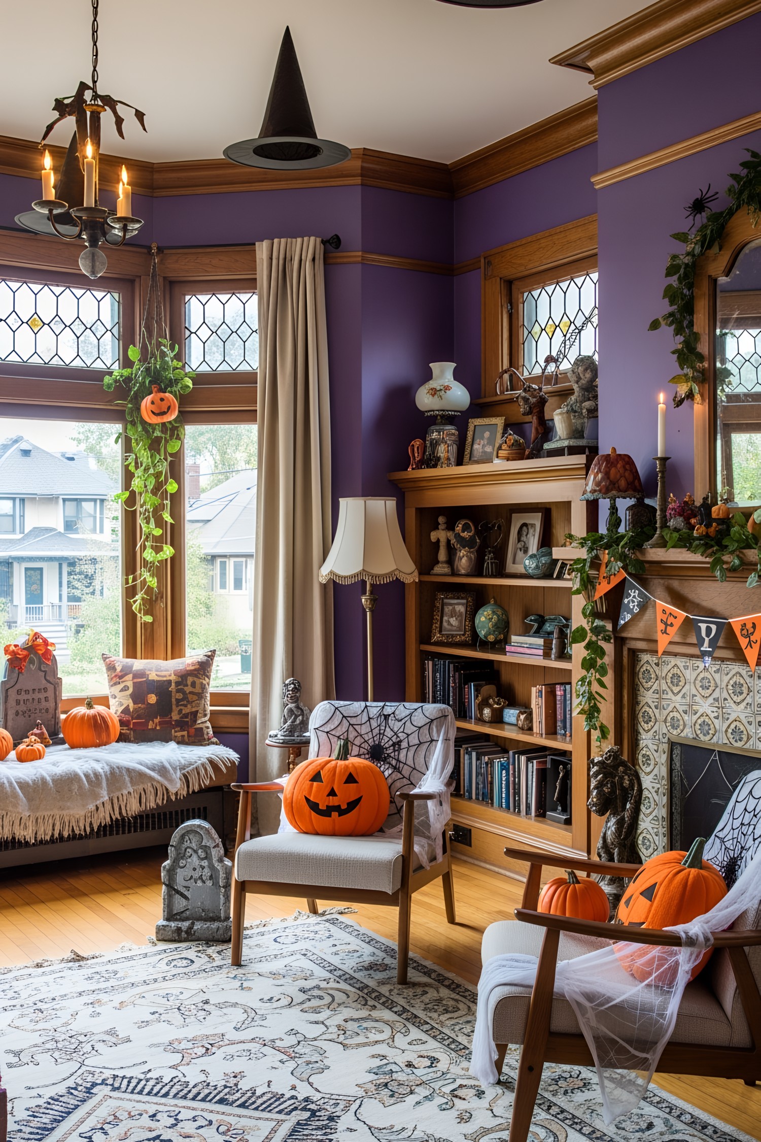 Cozy living room adorned with Halloween decorations
