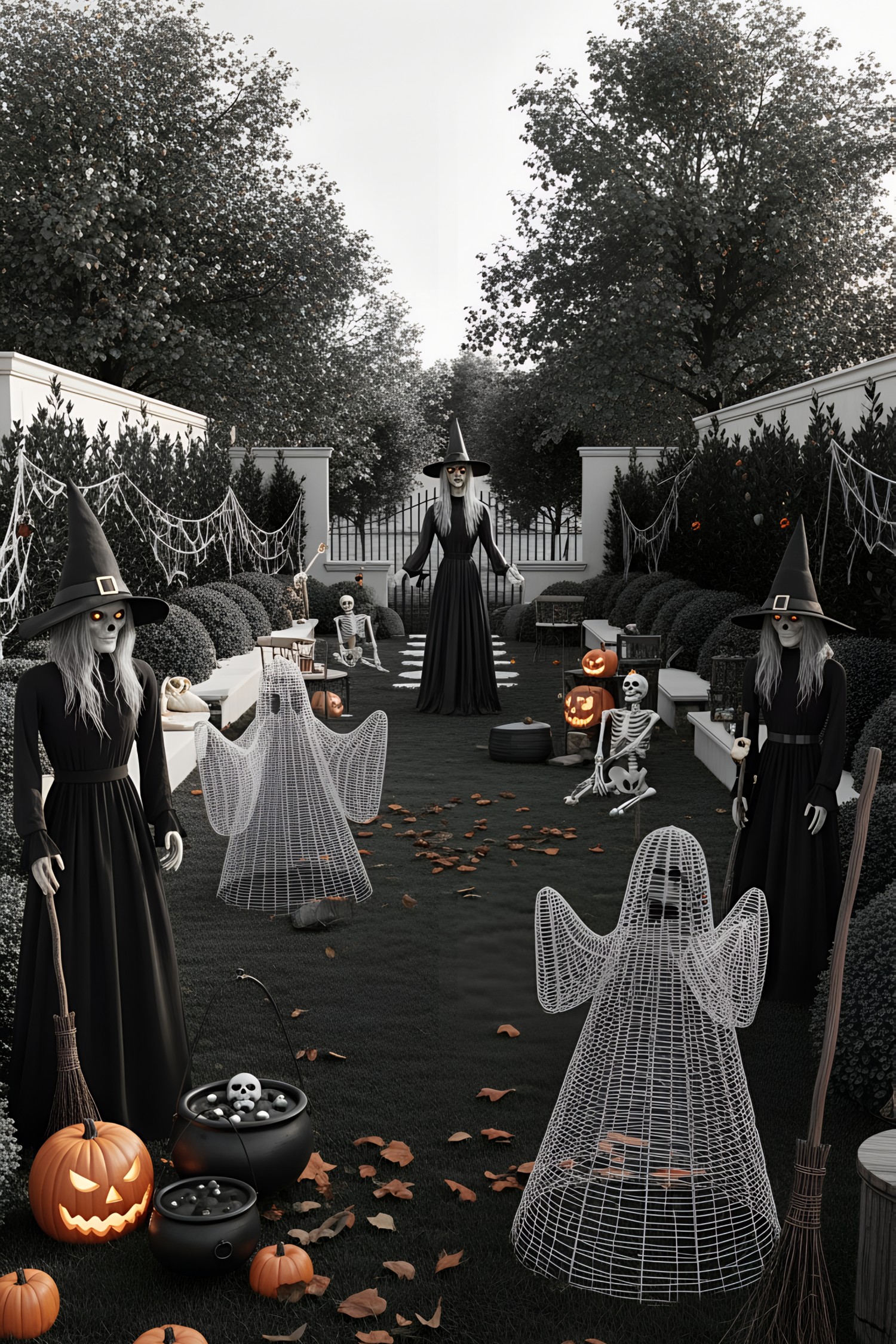 Witches, skeletons, and pumpkins in a spooky yard