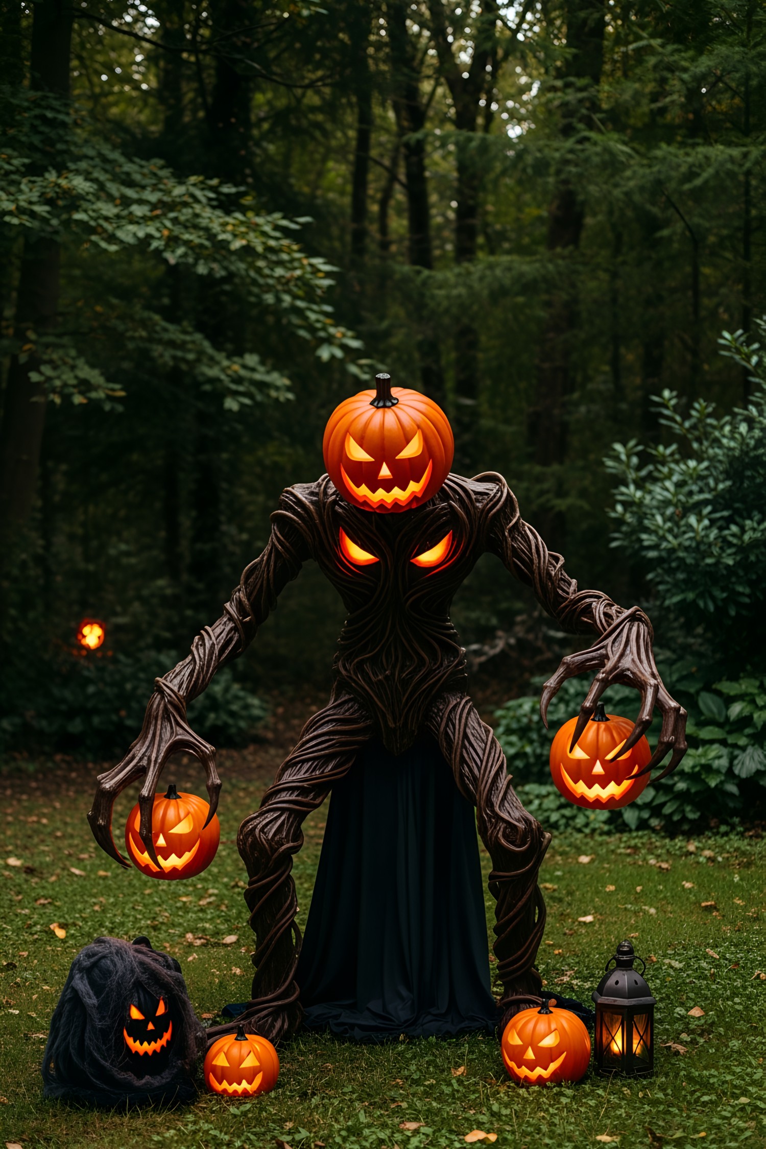 Giant pumpkin creature with glowing eyes holding jack-o’-lanterns in a forest