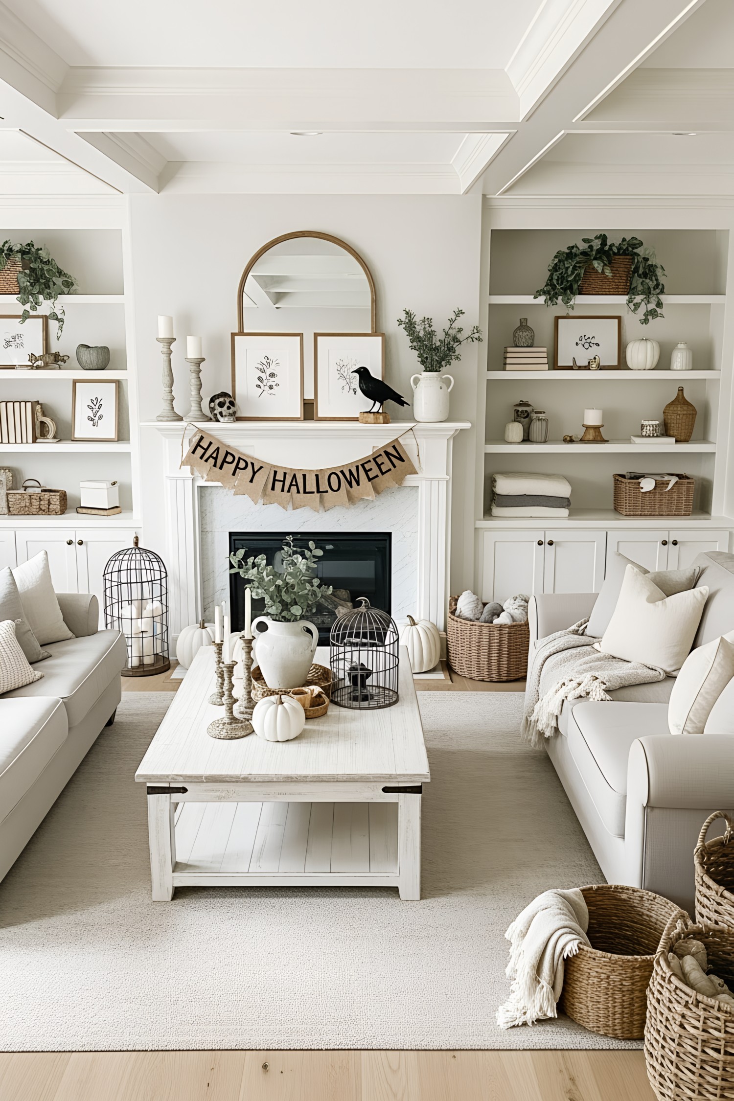 Living room decorated with Halloween accents and cozy elements
