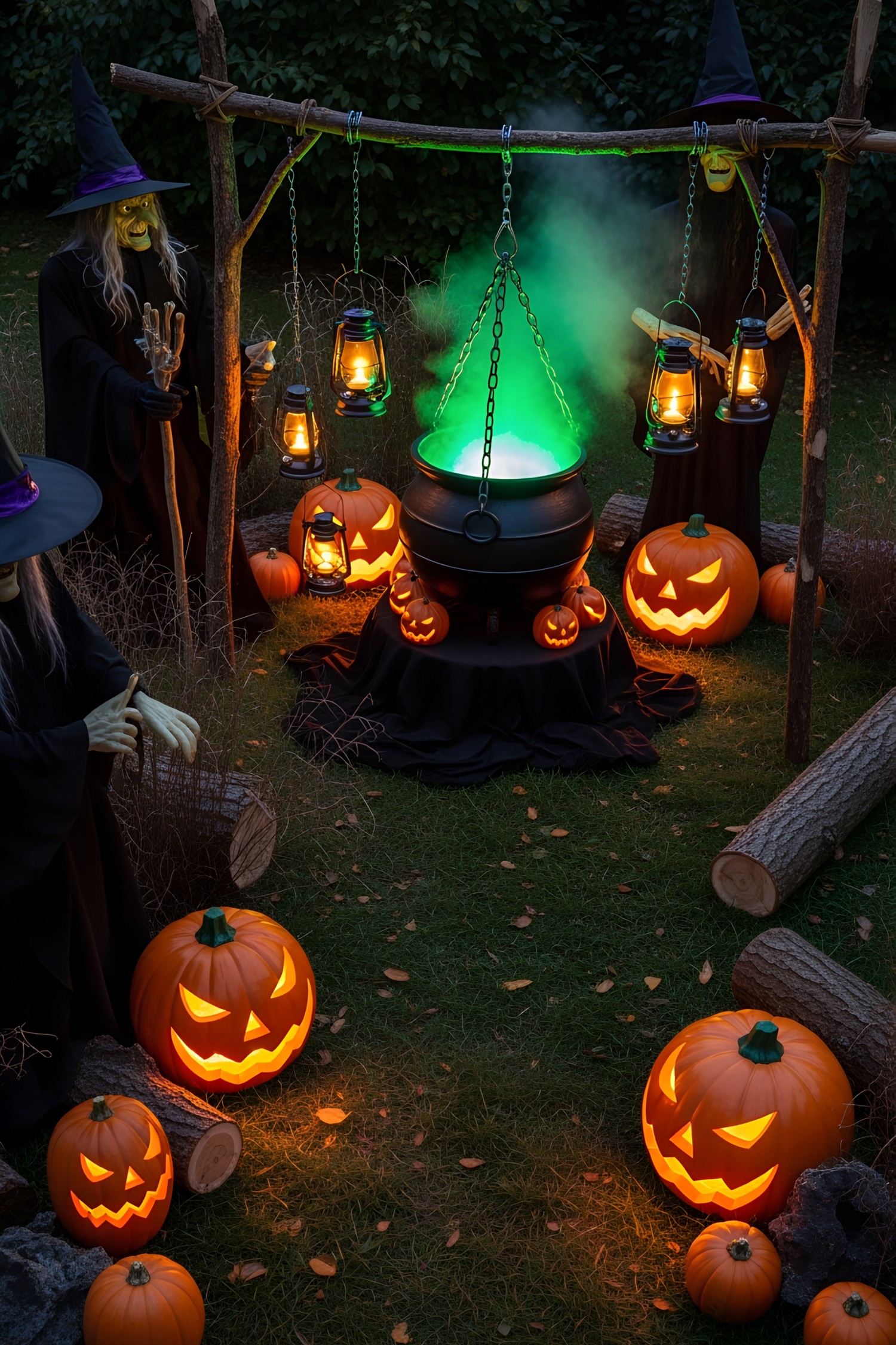 Witches, cauldron, jack-o'-lanterns, and glowing lanterns in a spooky setup
